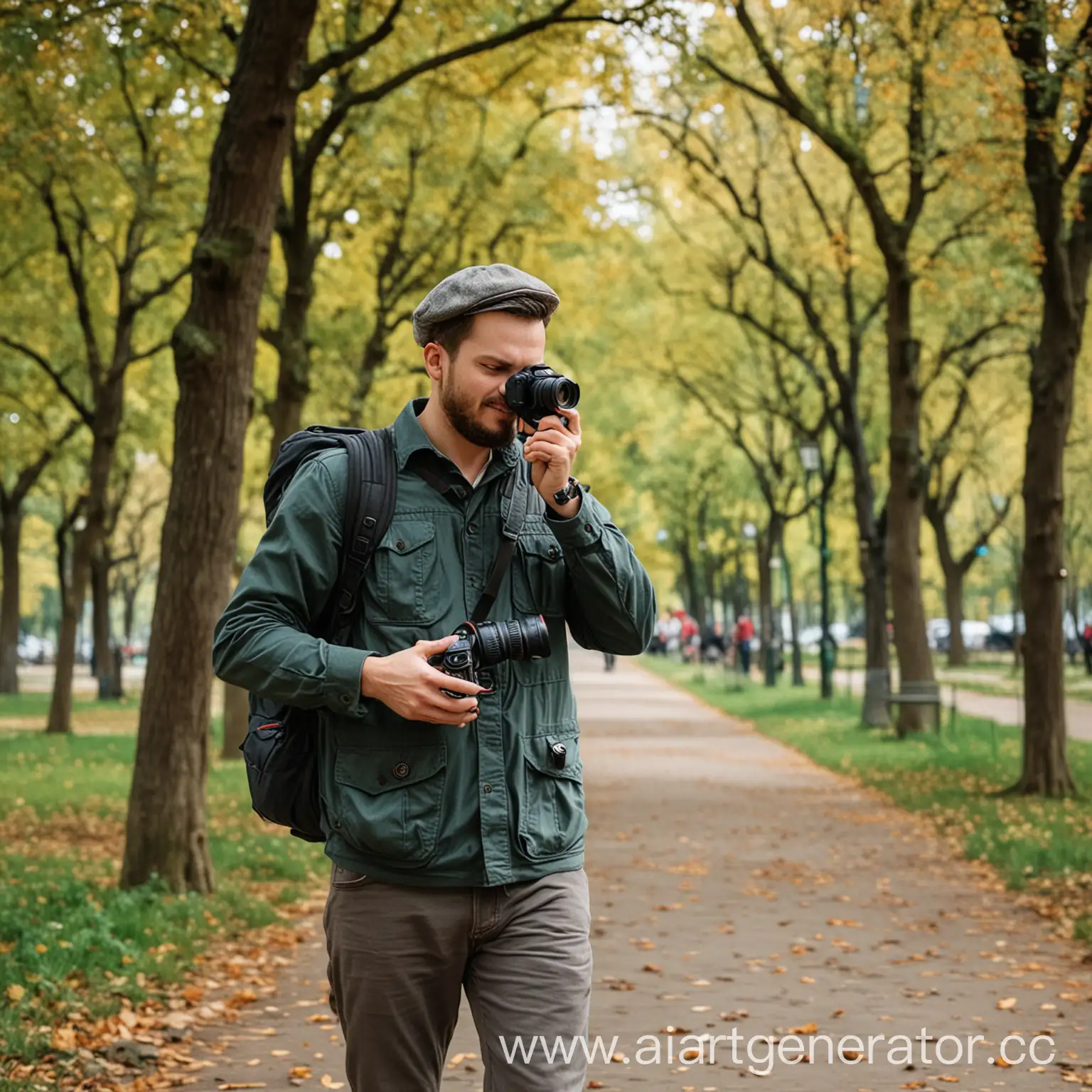 турист фотограф гуляет по парку с фотоаппаратом