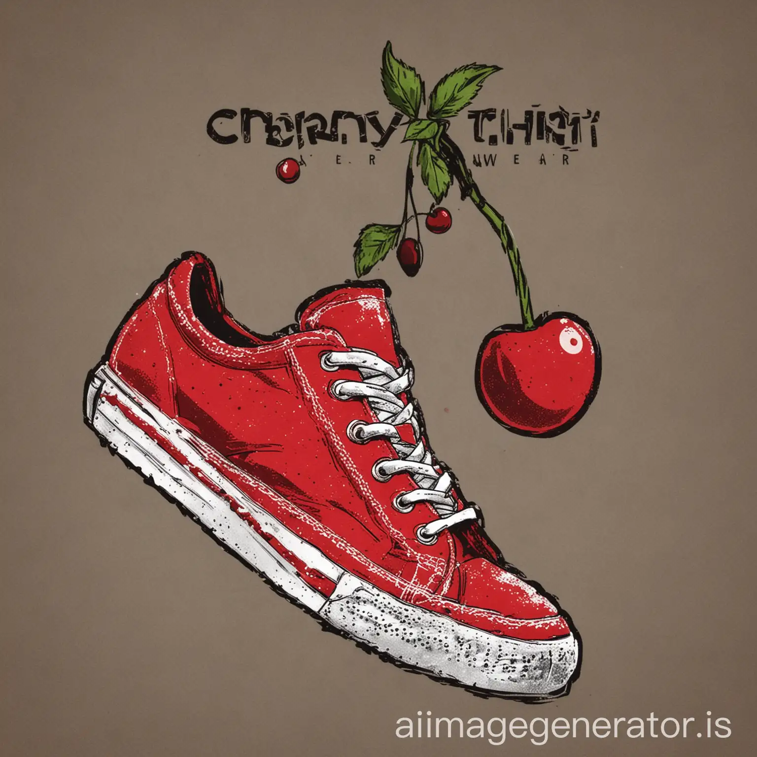 "Design a logo for Cherry Thrift Wear where a cherry transforms into a stylish urban sneaker, with no cartoonish elements or overly bright colors."