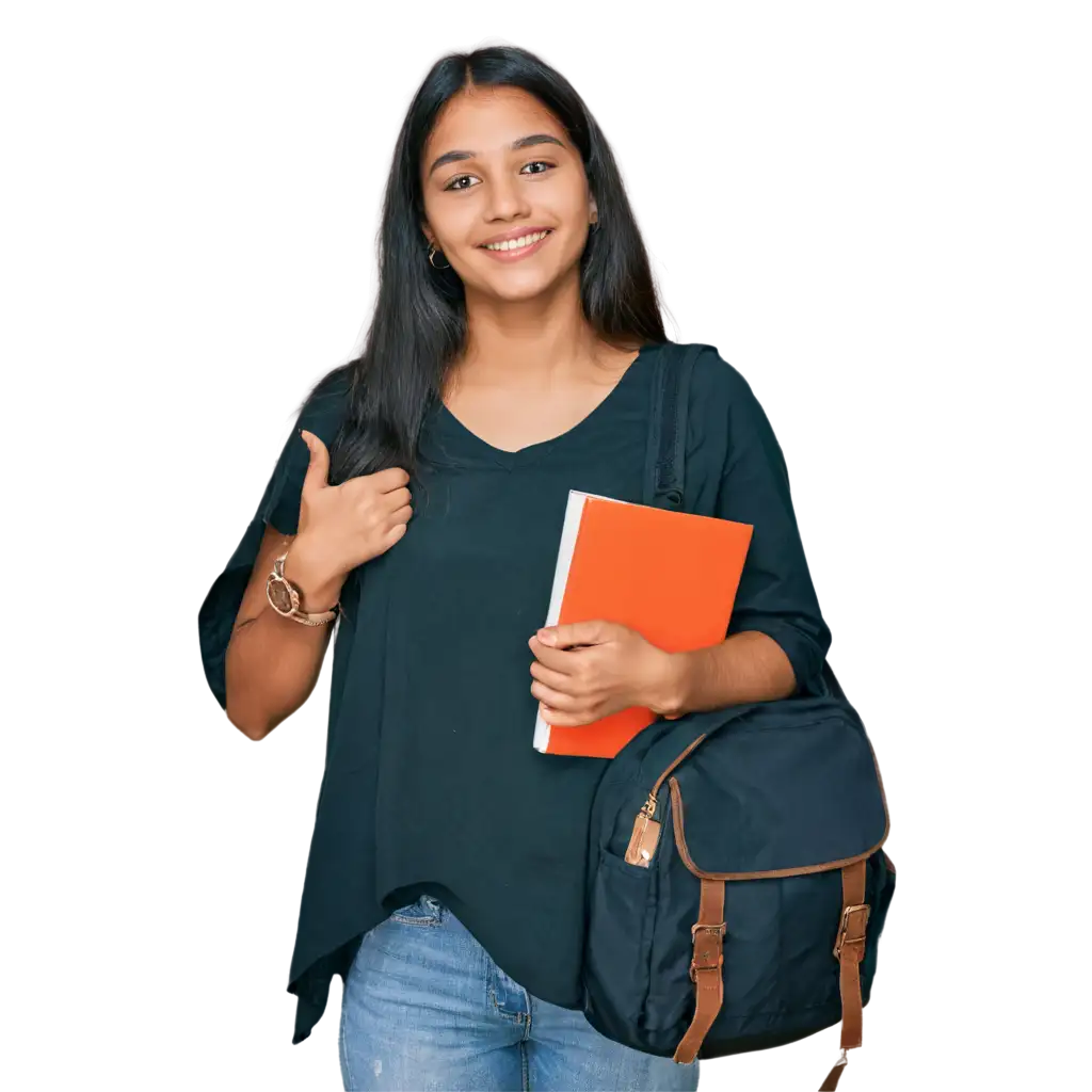 A beautiful 18 year old indian girl holding books in hand attached to chest and her books bag on her sholder