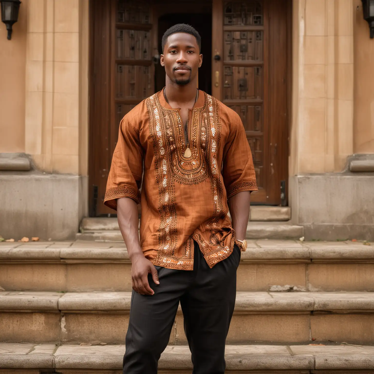handsome, tall, football build, thirty-something-year-old Black man, clean-low cut hairstyle, with expressive light brown eyes, deep dimples, thick, kissable lips with a shy smile, looking forward,  dressed in an African cultural outfit, with smooth brown real skin color, standing on the steps of a palace  