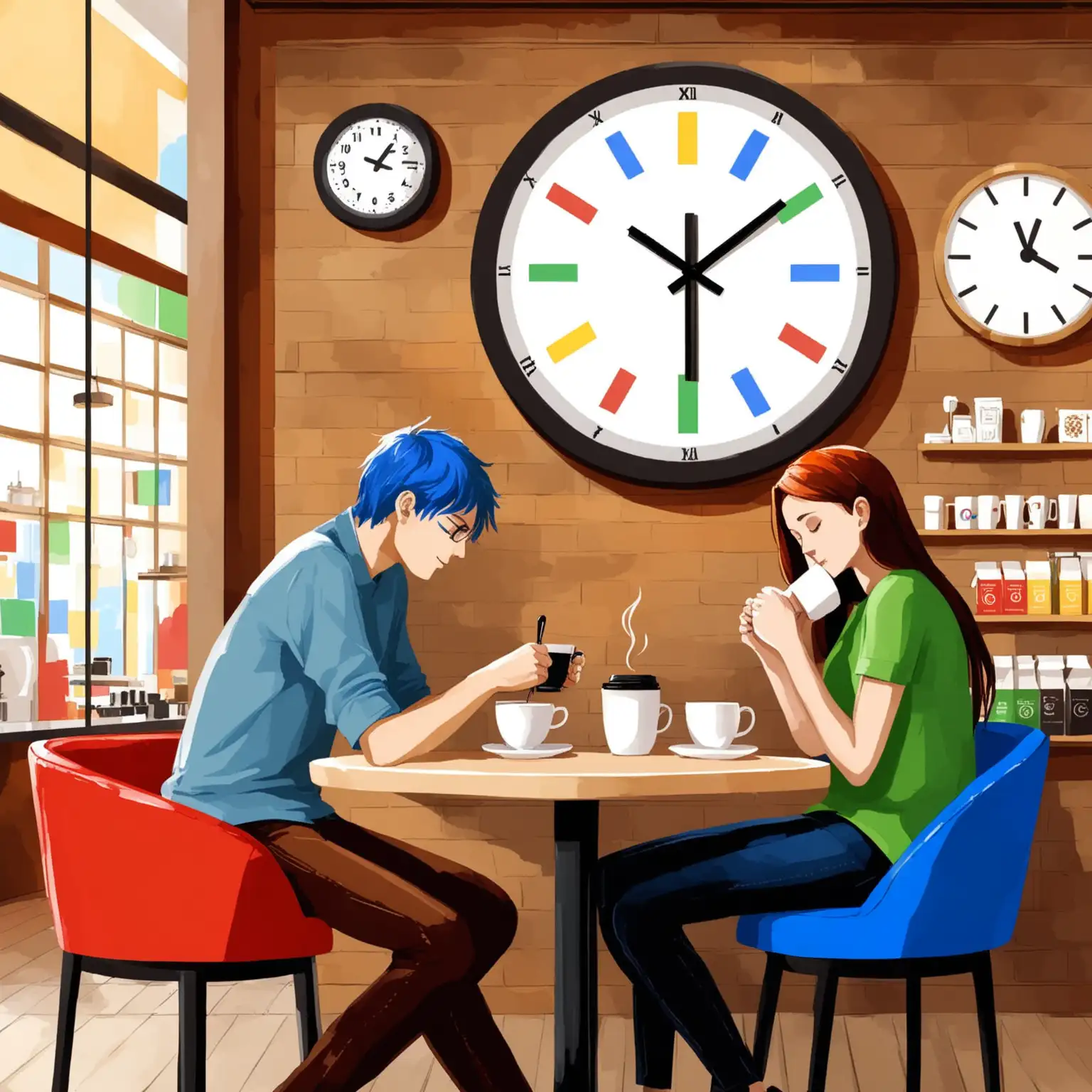 Two People Enjoying Coffee in a Vibrant Cafe with GoogleInspired Color Scheme and Grand Clock