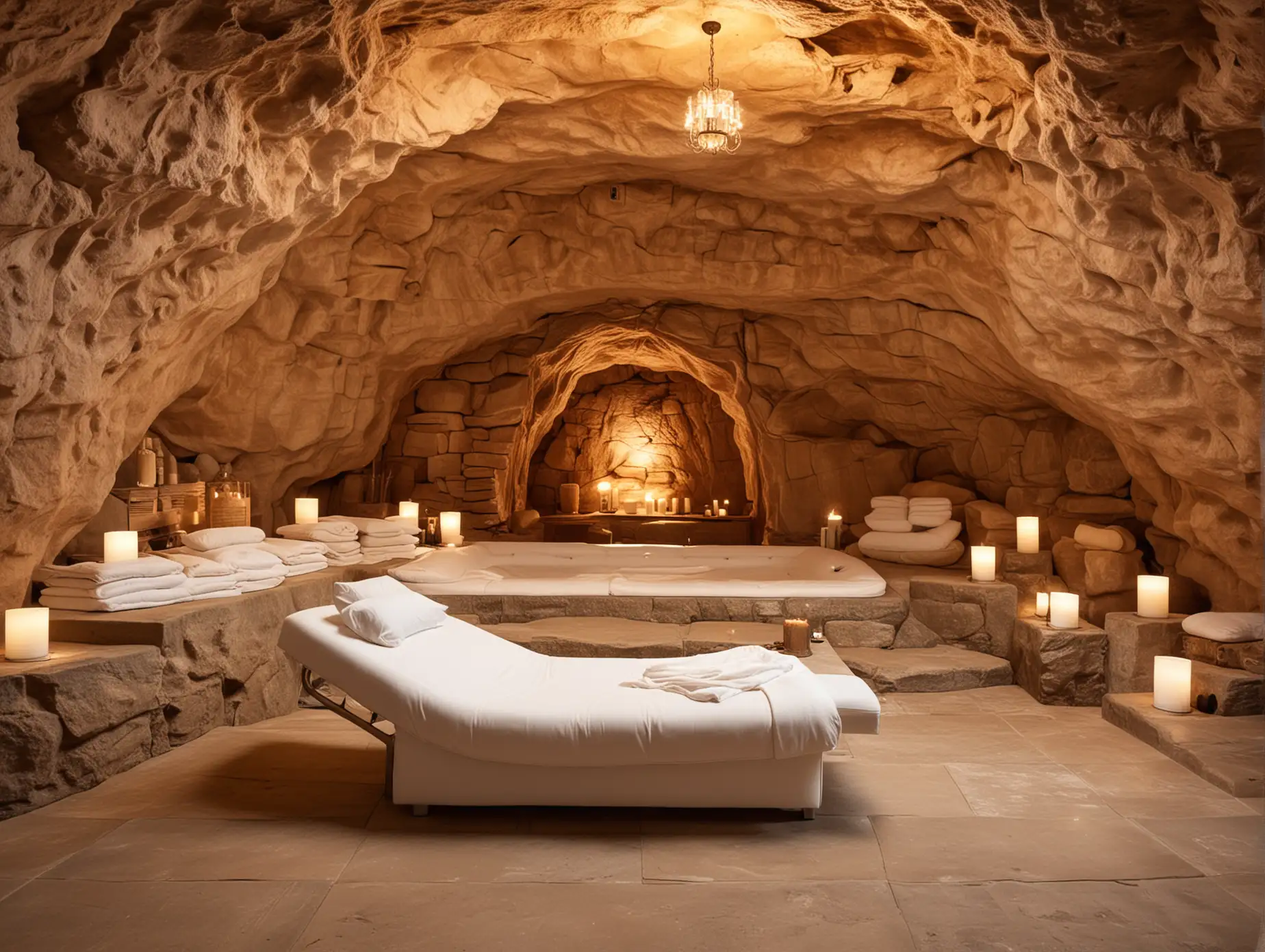 интерьер спа центра похожего на пещеру, на переднем плане лежак с белым матрасом,  мягкий теплый свет