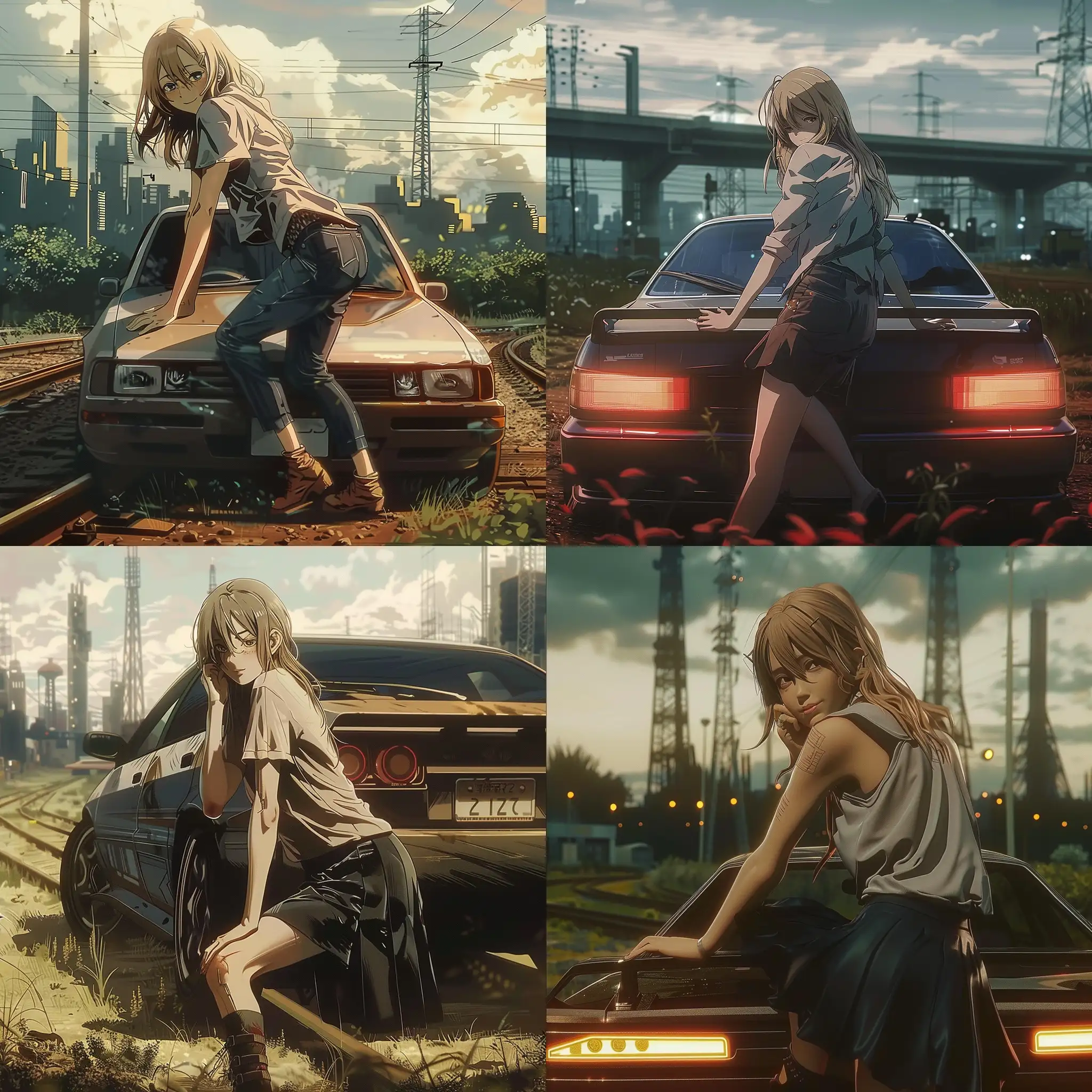 Cyberpunk-Girl-Leaning-on-Car-Outside-the-City