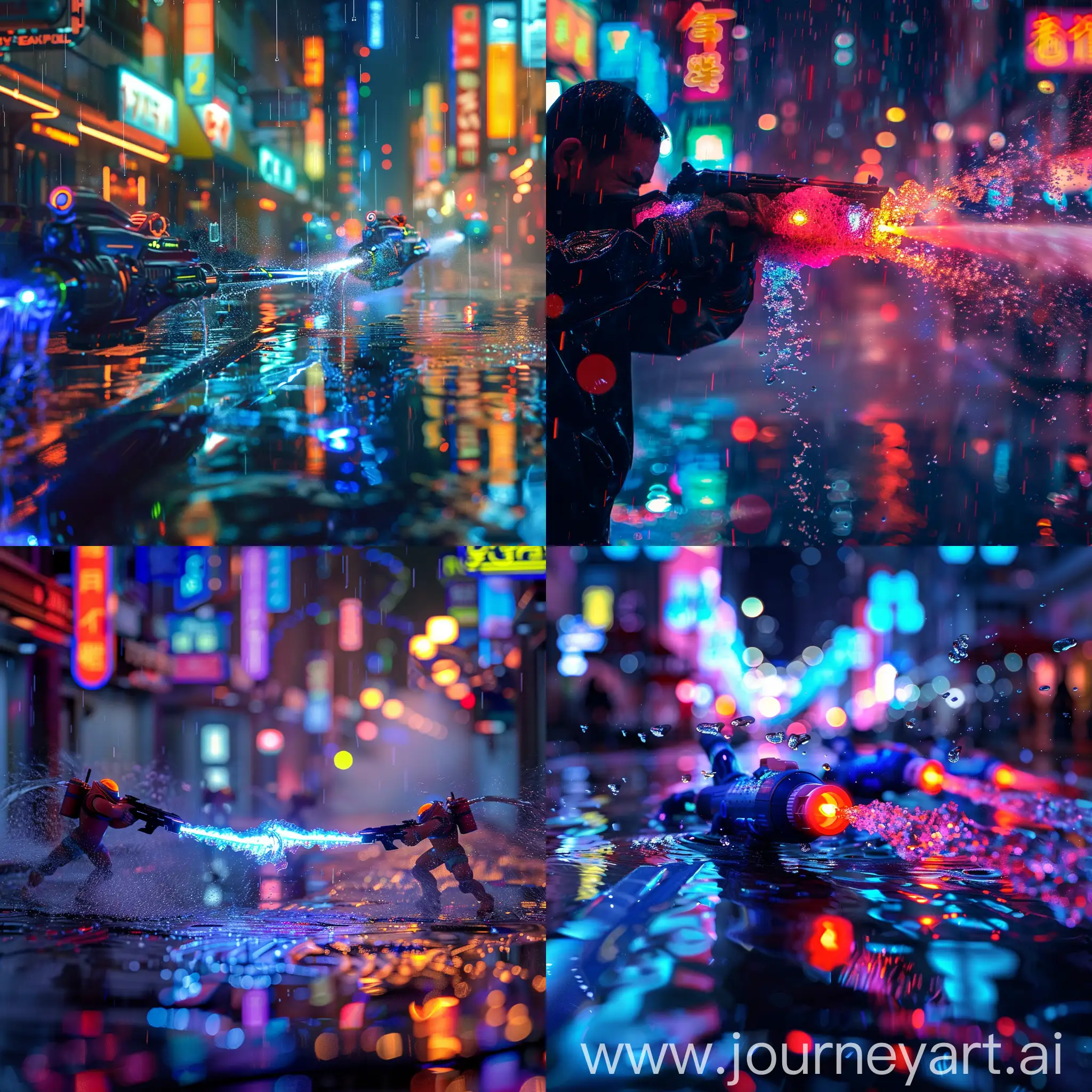 battle with water blasters in dark neon cyberpunk style blur