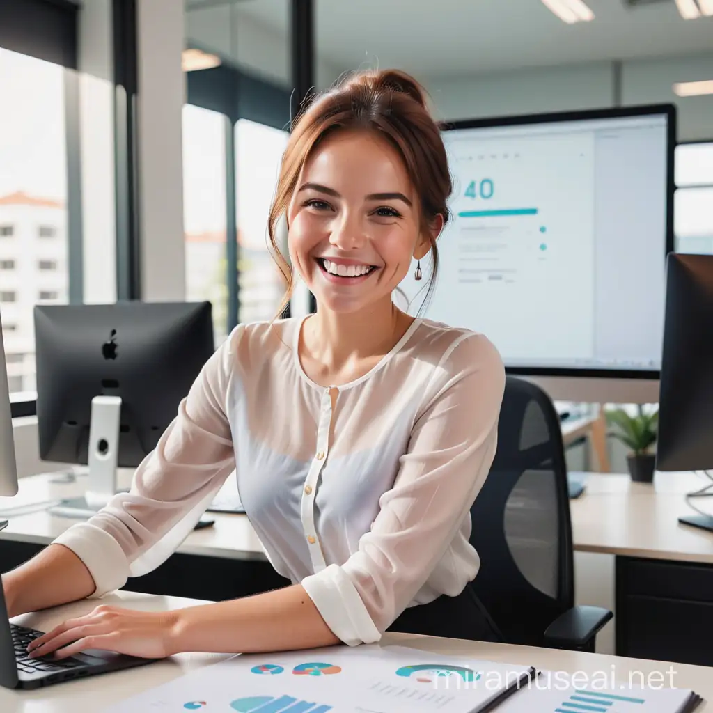 Smiling Woman at Office Desk with Large Desktop Screen