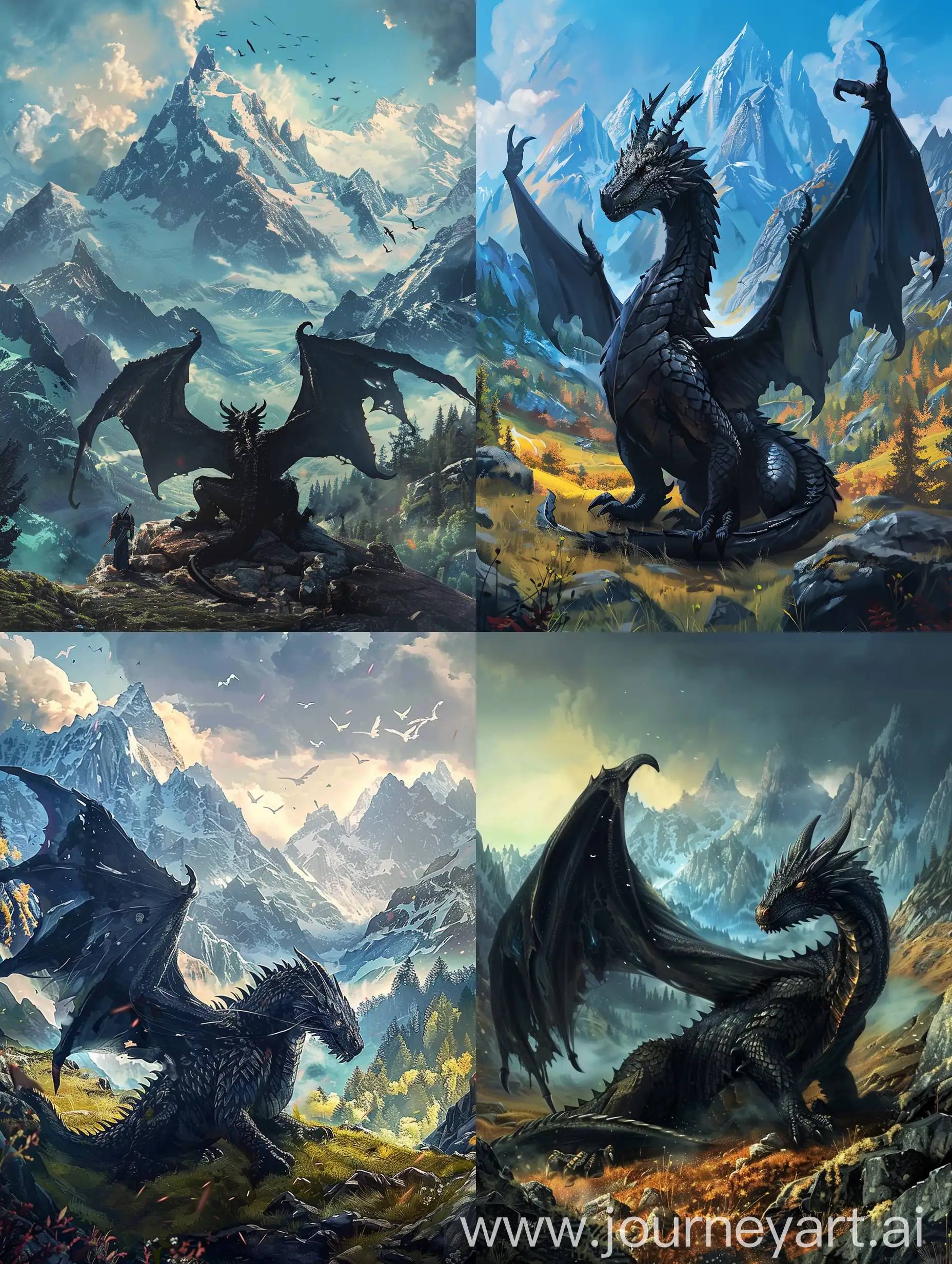Плакат к игре в жанре фэнтези с черным драконом и горами на фоне