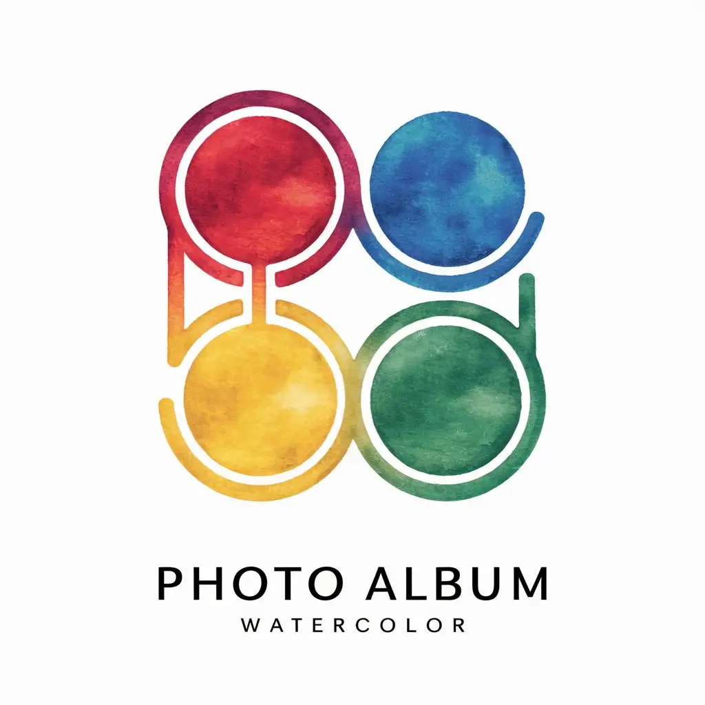 A captivating, red, blue, yellow and green clean, artistic, symbolic, simple, colorful, expressive, minimalist, watercolor, logo of a photo album