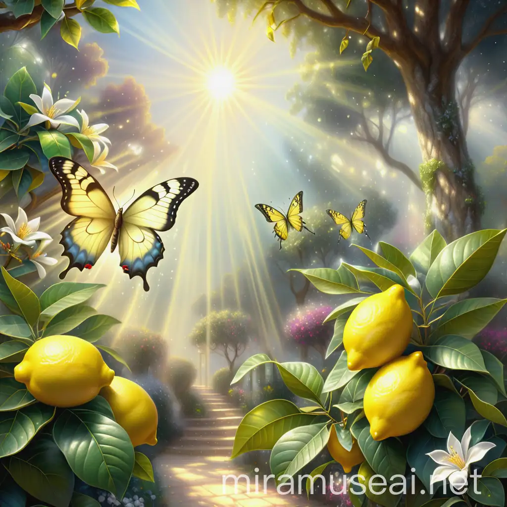 nature background with lemon trees and sun rays shinning down, beautiful detailed wing butterfly, thomas kinkade