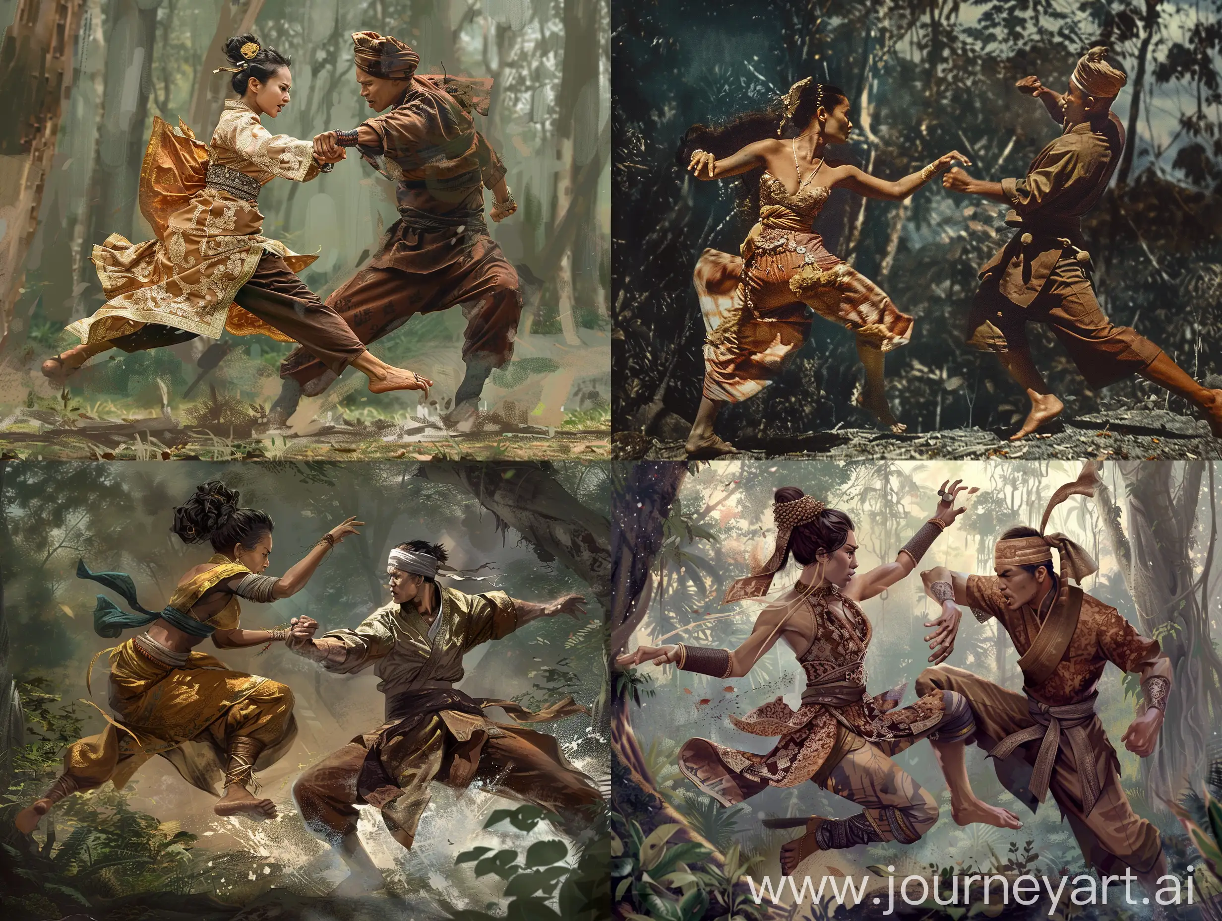 two royal warrior fighters in traditional Indonesian clothing. a woman with long hair in a bun, wearing a mid-century dress and a man wearing a cloth headband, wearing brown clothes. they engage in a martial arts duel. A woman is in the air, delivering a powerful kick, while a man skillfully avoids the attack by crouching. The intensity of their confrontation is clearly visible. The forest setting,