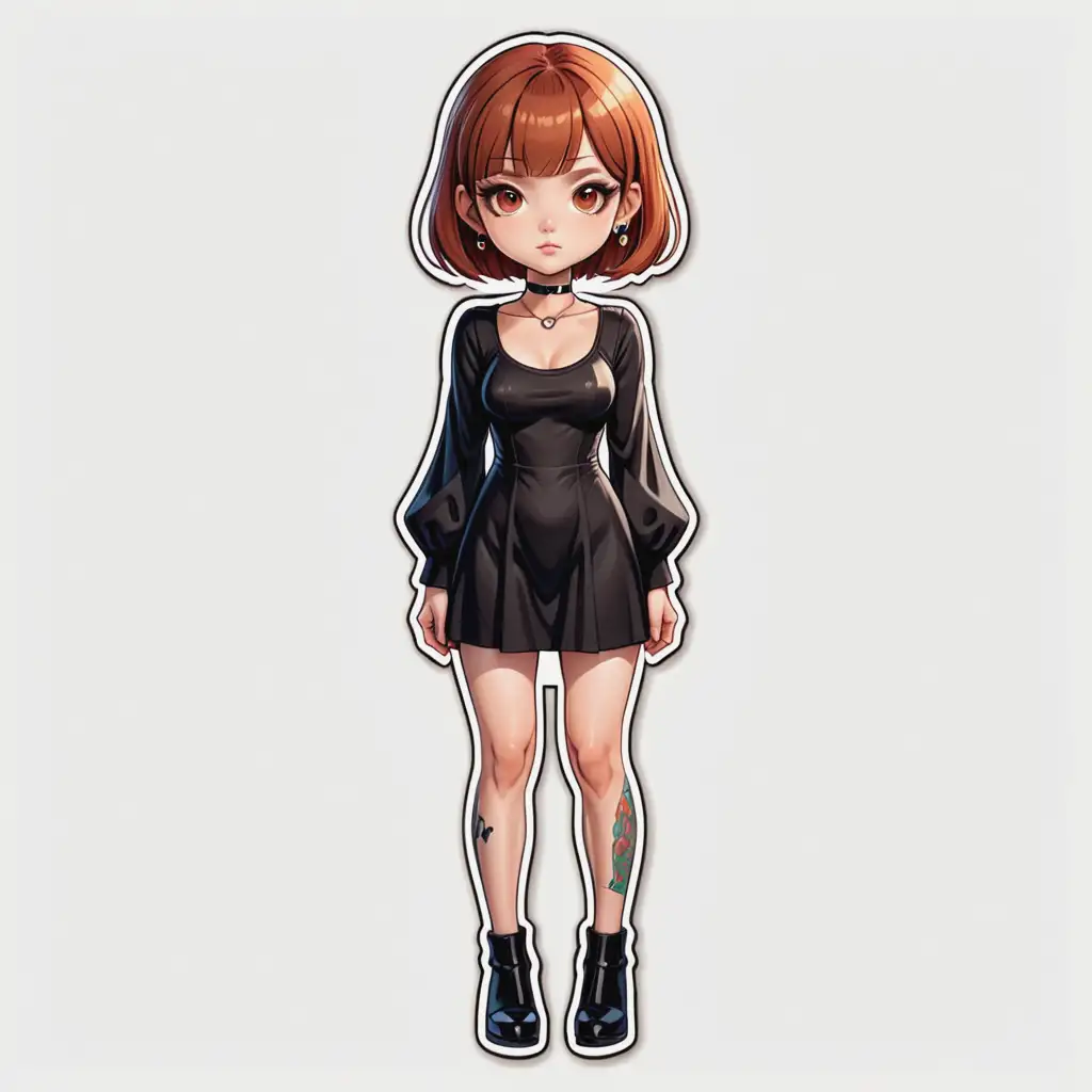 Make a sticker design, make a cartoon, slim female, alternative, big head and small body, tattoos, ((light brown eyes)), red hair, short hair, straight hair, flat hair, blunt bangs, short bangs, undercut, mullet haircut, thin hair, arm tattoos, chest tattoos, leg tattoos, black swing dress with long puffy sleeves that are wrist length, facing forward, white background, detailed, high res, sticker outline, cartoon style, dall-e 3, full body, black high heels 