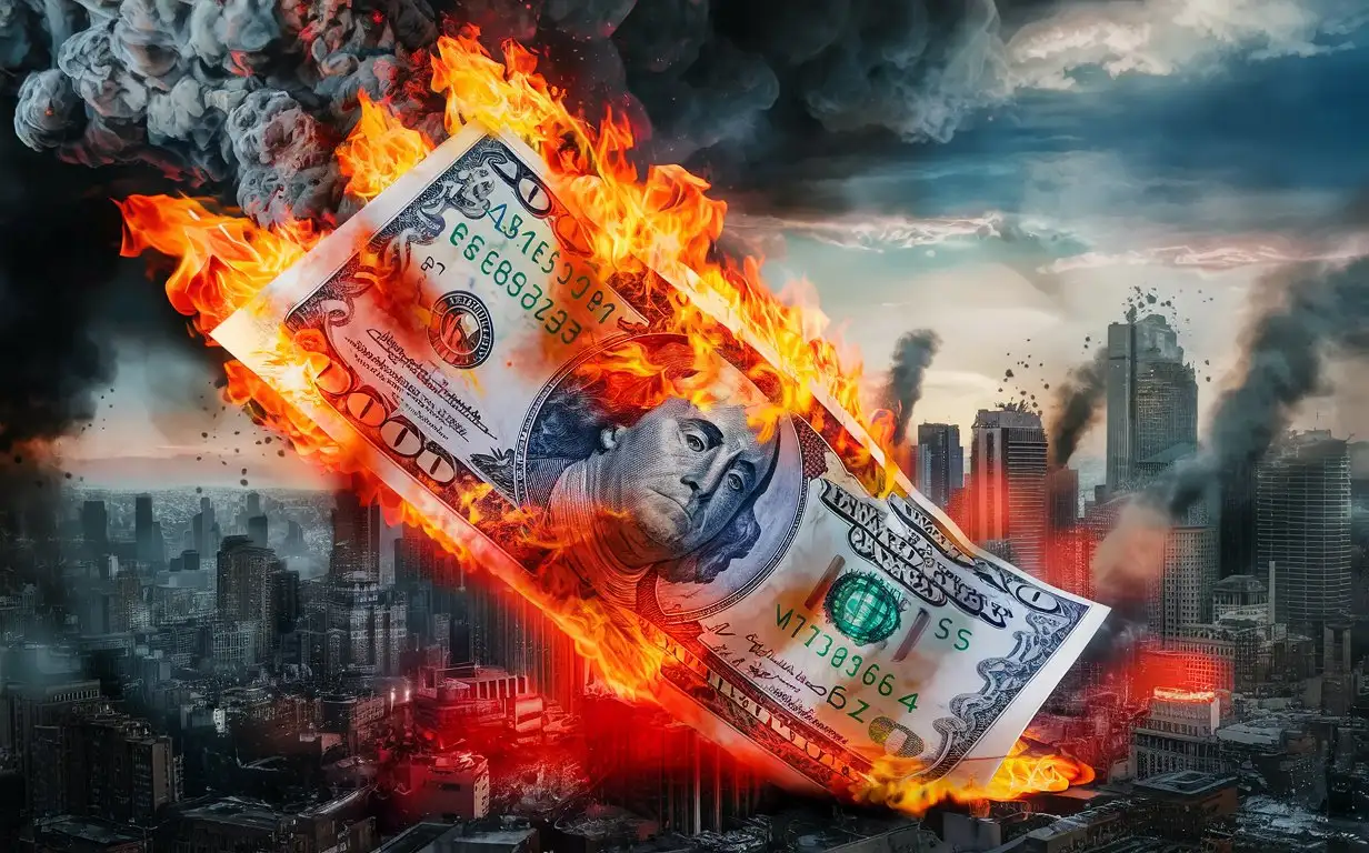 depict a catchy image with a dollar collapse and falling of us economy, include flames etc to make it captivating