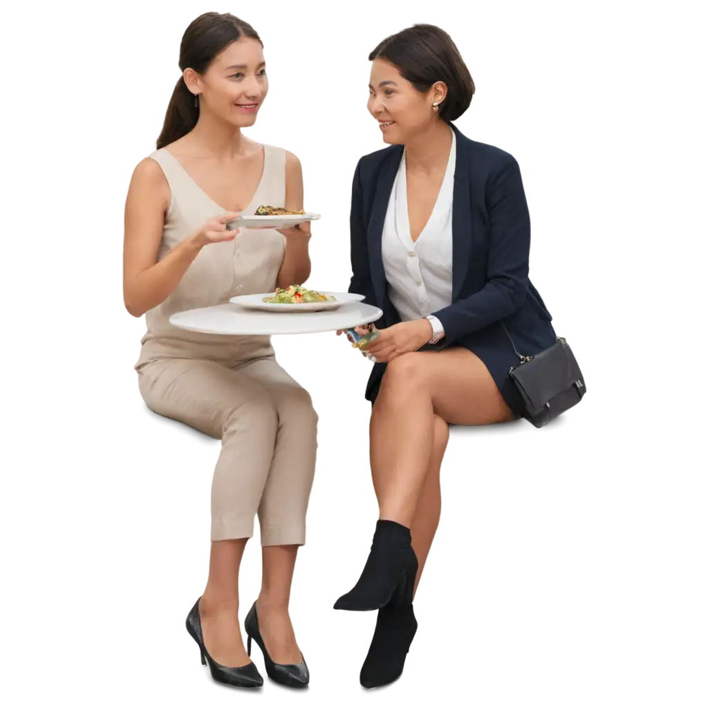 a well-dressed woman sitting with a customer is offering a food product