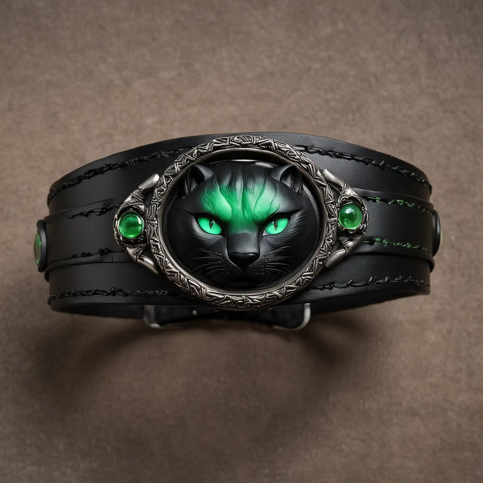 make a black leather wrist band with an oval shaped stone in the center, the oval shaped stone have the face of a black panther with green glowing eyes 
