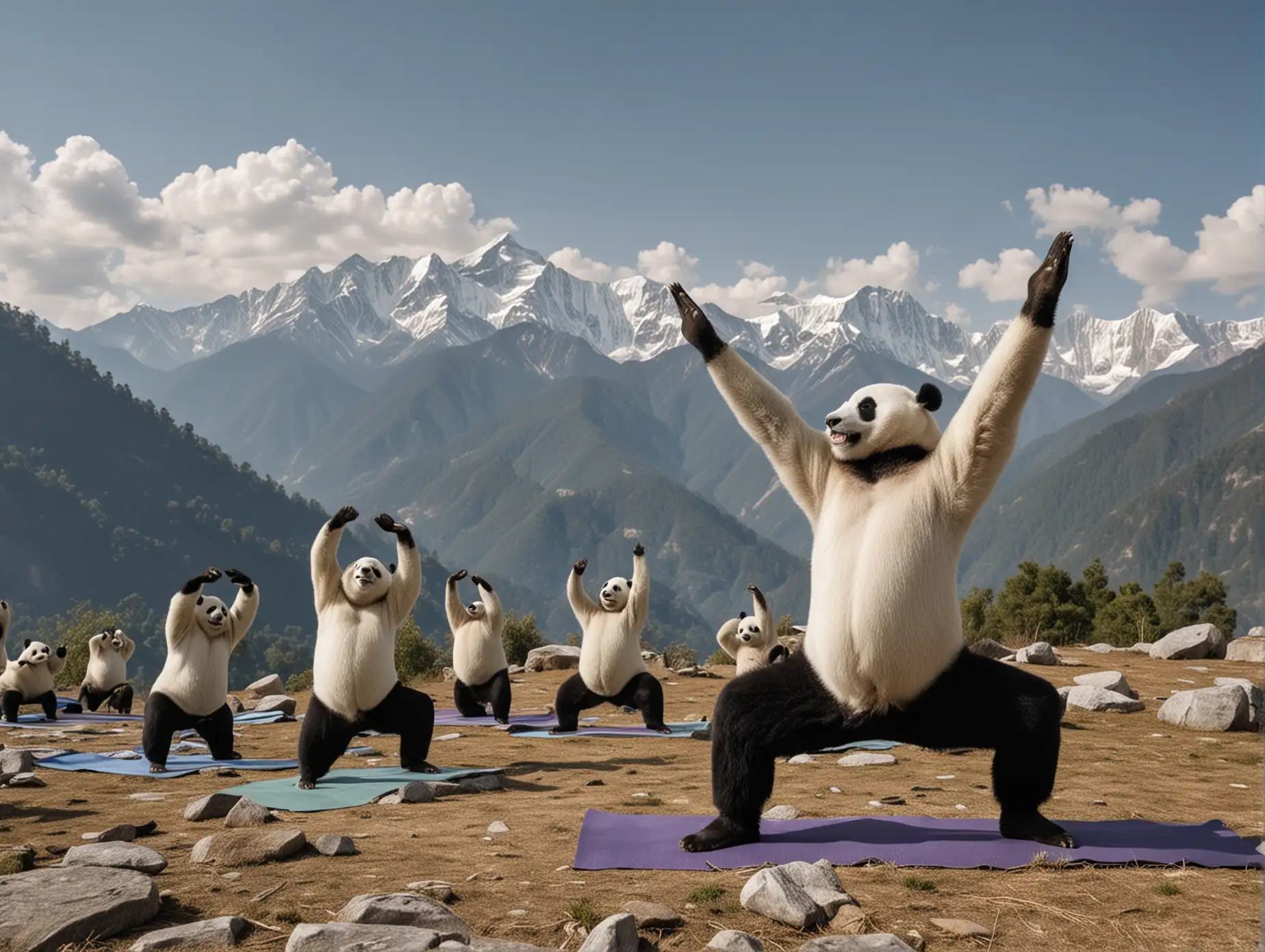pandas doing yoga on a mountaintop in the Himalayas