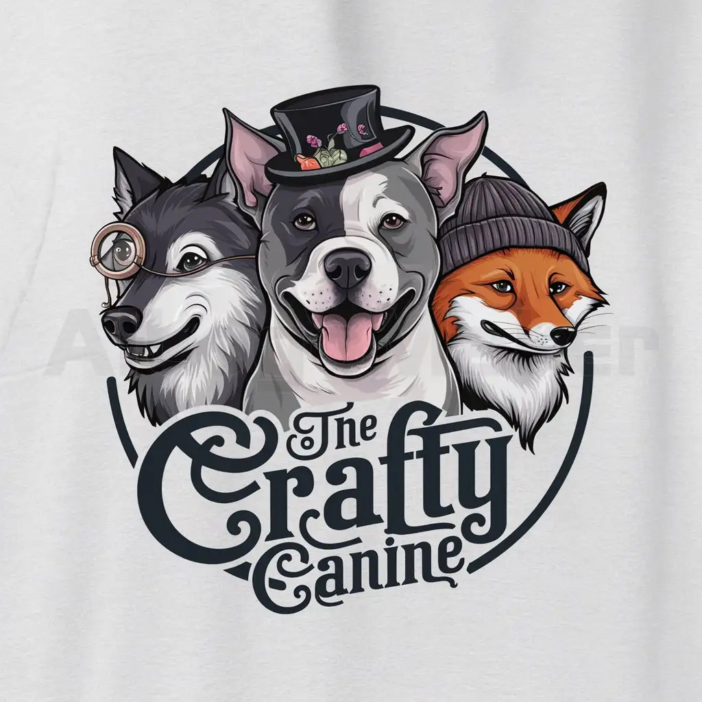 a logo design,with the text "The Crafty Canine", main symbol:A wolf with a monocle, a merle Pitbull with a tea party hat, and a fox with a beanie,Moderate,be used in you say world industry,clear background
