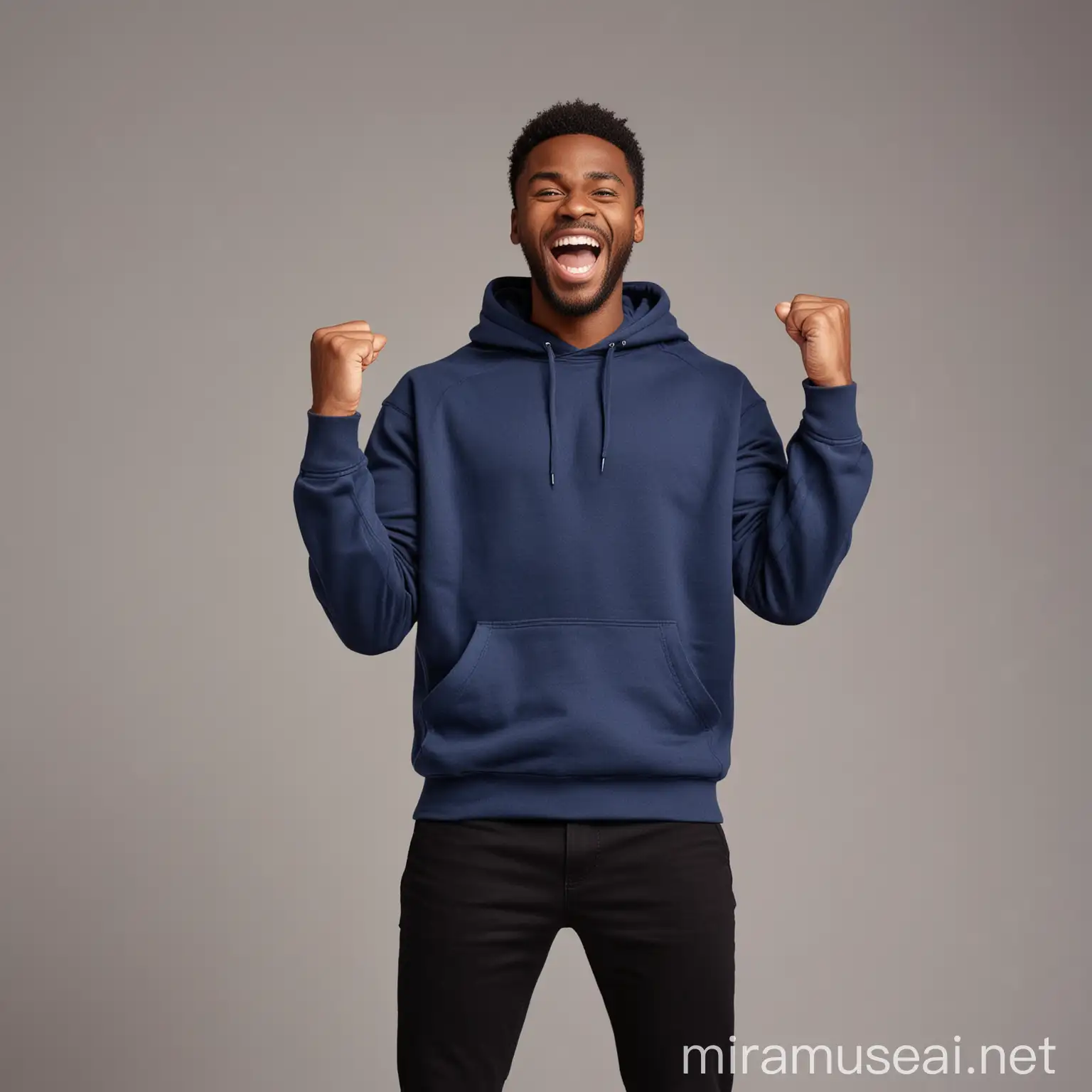 Excited  black African guy cheerfully smiling, putting on dark blue sweatshirt and black pants , raising clenched fist up , shouting with energy to victory , standing against gray space , in front of camera