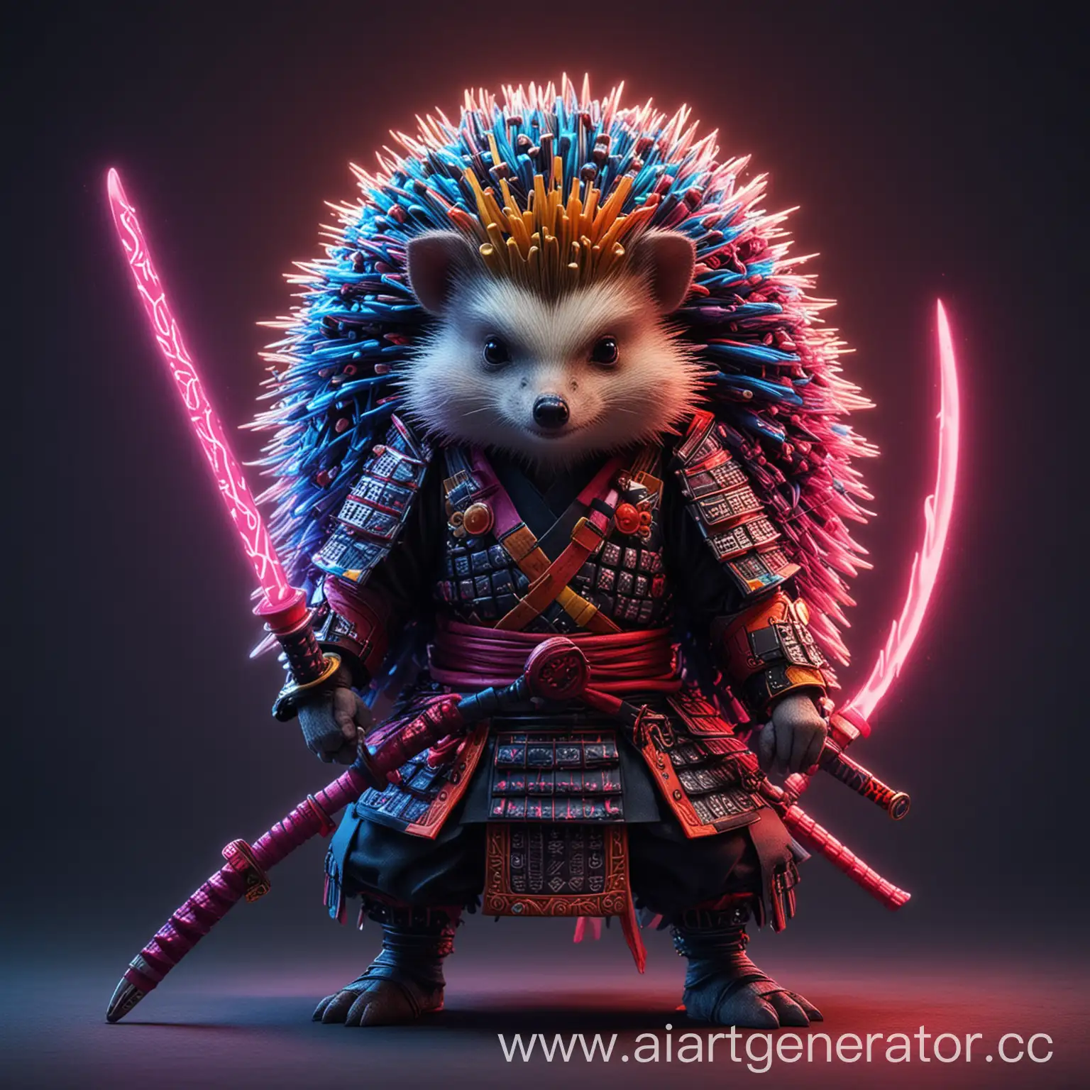 Neon-Hedgehog-Samurai-in-Cyberpunk-Cityscape
