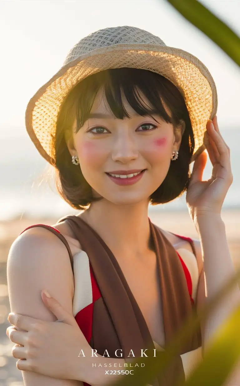 Portrait of a beautiful Aragaki Yui in a hat, smiling, summer outfit, with light red powder blusher, in a close up shot, with sunlight, outdoors, in soft light, with a beach background, looking at the camera, with high resolution photography, in the style of Hasselblad X2D50c --ar 85:128 --v 6.0 --style raw