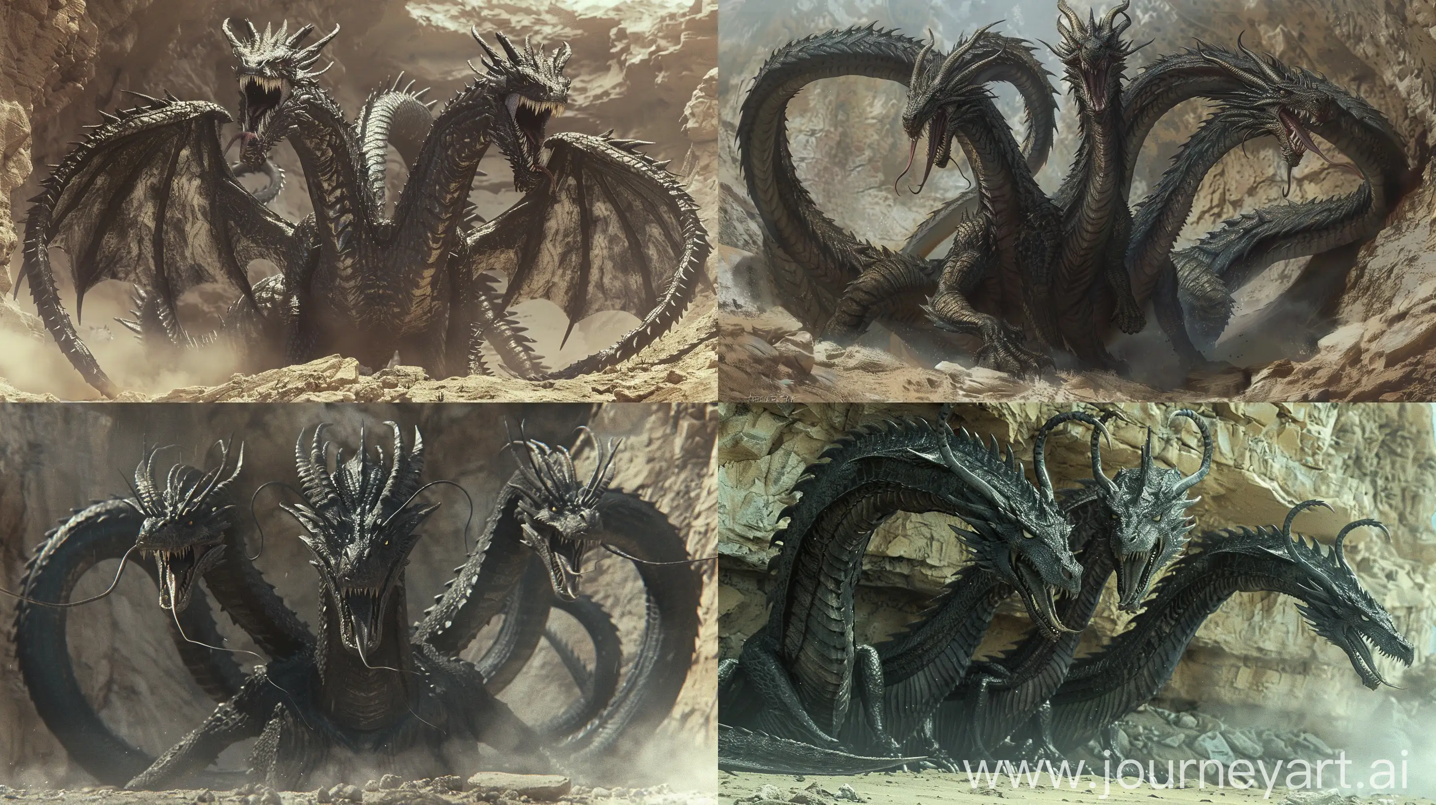 A scene under a stony mountain, there is a truly colossal draconic beast, with three long dragon heads rising from a single muscular neck covered in shimmering black scales. Each head has an enormous serrated maw filled with rows of razor-sharp fangs capable of shredding anything in its path. Large reptilian eyes with black irises glow with ancient. Two long, curved horn-like protrusions jut backwards from each scaly skull. Forked tongues lash the air with a malevolent hiss.

The vast body is a massive scaly form of rippling muscle, with two membrane-winged appendages of immense wingspan emerging from the back. Sharp blade-like talons arm the front and rear limbs. A lengthy spiked tail violently whips around, capable of demolishing buildings with its devastating strikes. --ar 16:9