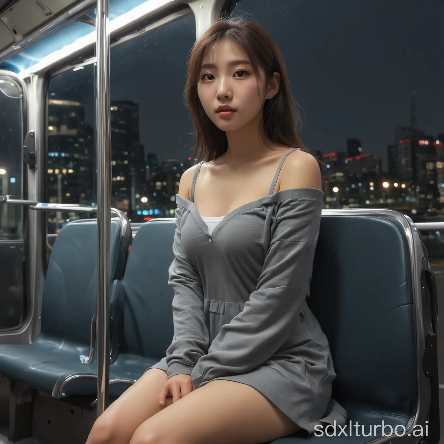 young korean girl, gorgeous face, show legs, korean bus, sitting, night, seoul, realistic, masterpiece, raytraced
