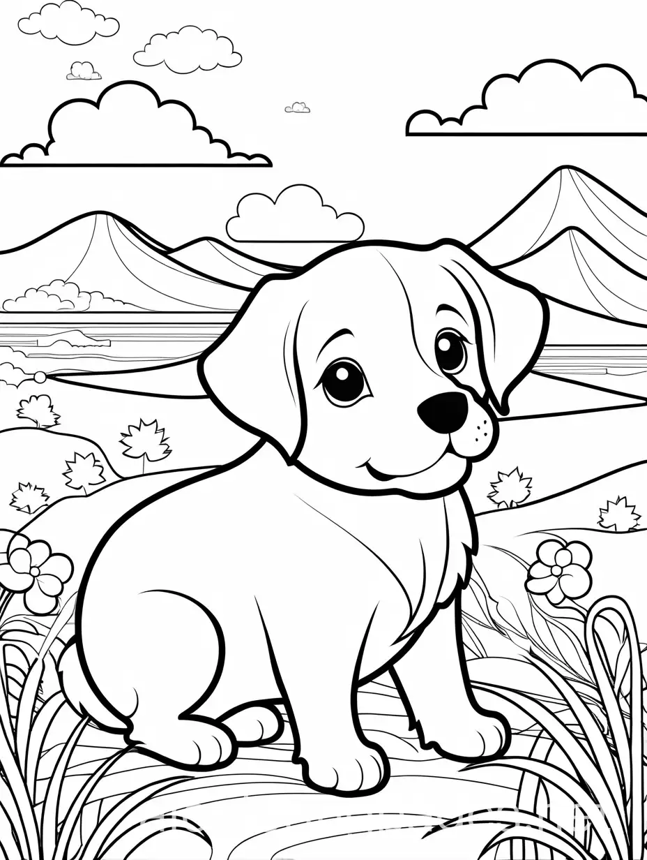 Cute and adorable dog coloring pages for kids. A background that fits the theme --ar 3:4 -image for coloring in black and white., Coloring Page, black and white, line art, white background, Simplicity, Ample White Space. The background of the coloring page is plain white to make it easy for young children to color within the lines. The outlines of all the subjects are easy to distinguish, making it simple for kids to color without too much difficulty