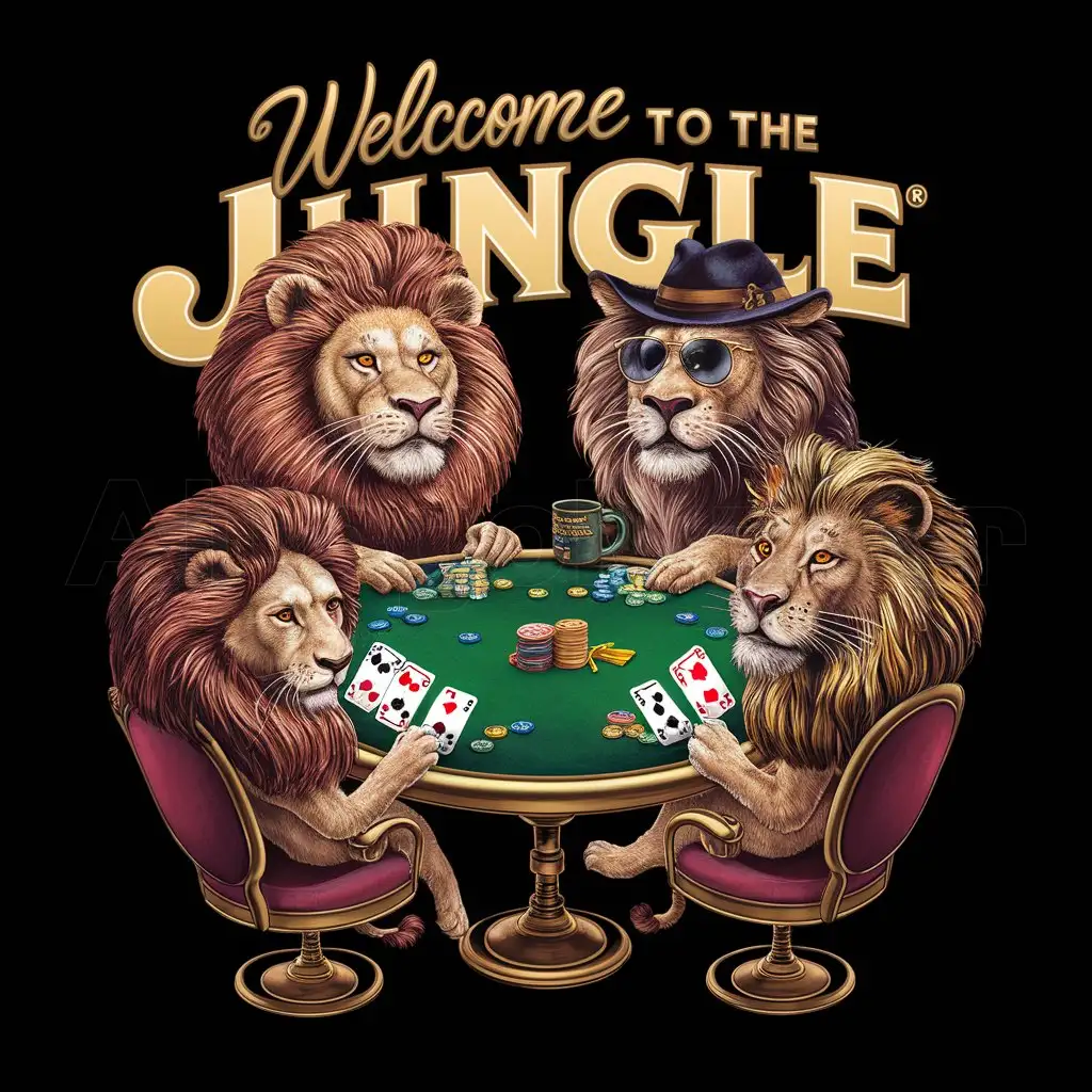 a logo design,with the text "Welcome To The Jungle", main symbol:A detailed illustration of four lions sitting around a round poker table. Each lion has a unique personality: Lion 1: The leader, wearing sunglasses and a fedora, looking confident. Lion 2: The strategist, with a pair of reading glasses perched on its nose and a thoughtful expression. Lion 3: The trickster, with a mischievous grin, possibly with a couple of cards peeking out from its fur. Lion 4: The novice, looking a bit confused but eager, with cards held awkwardly. Table: A green felt poker table with scattered chips, cards, and a small stack of snacks. Card Designs: Incorporate custom card designs featuring mini lion heads as the face cards (King, Queen, Jack). Accessories: Add a few whimsical elements like one lion sipping from a mug labeled 'Lion’s Brew' and another with a snack bowl labeled 'Savannah Snacks.' Typography: At the top or bottom of the graphic, the text 'Pride Poker Night' in a playful, bold font with a slight curve to match the roundness of the table. Additional Elements: Perhaps a small banner hanging in the background with the words 'Welcome to the Den' for an added touch of coziness and camaraderie.,complex,clear background