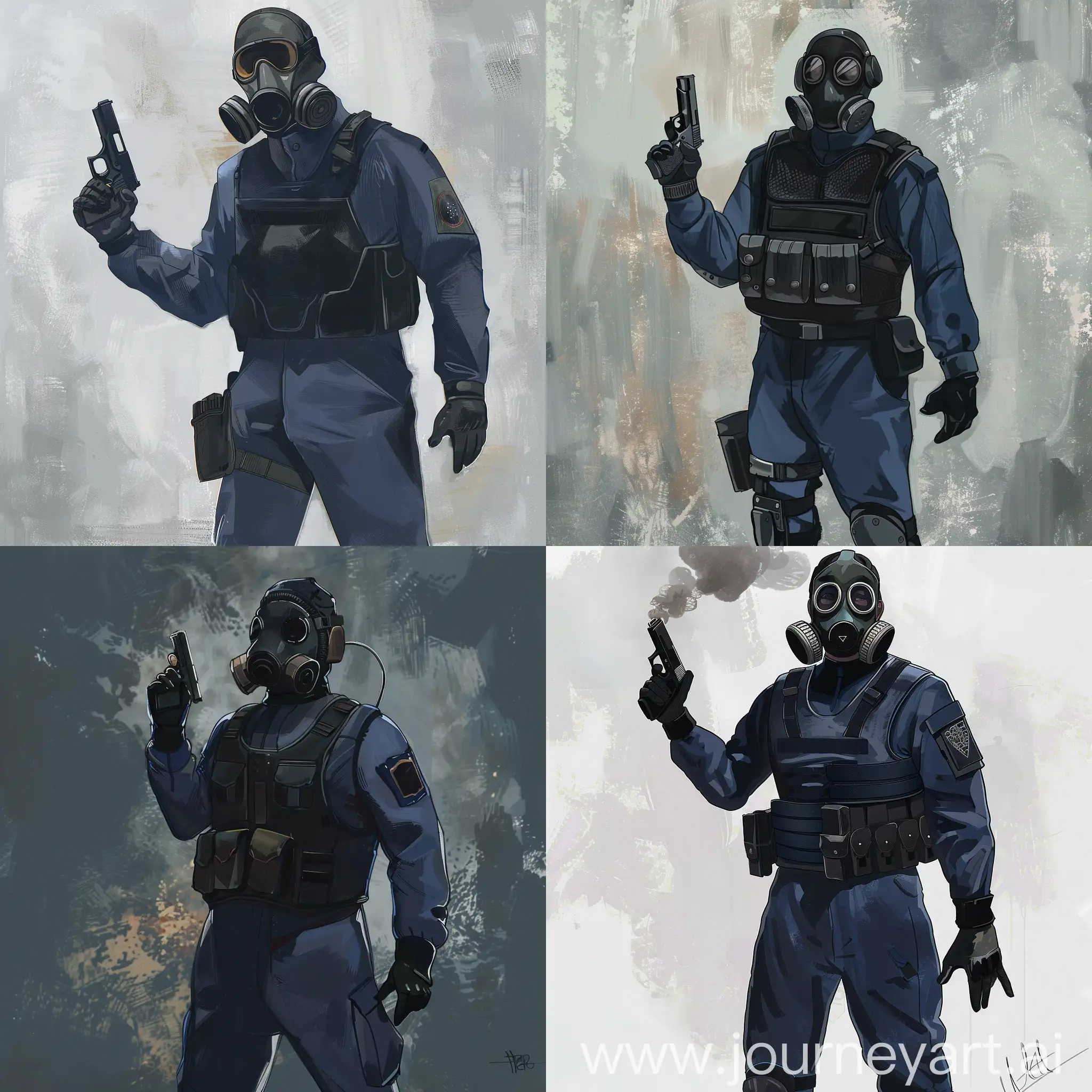 Concept art, gasmask, black blue uniform, special force vest, pistol in one hand.