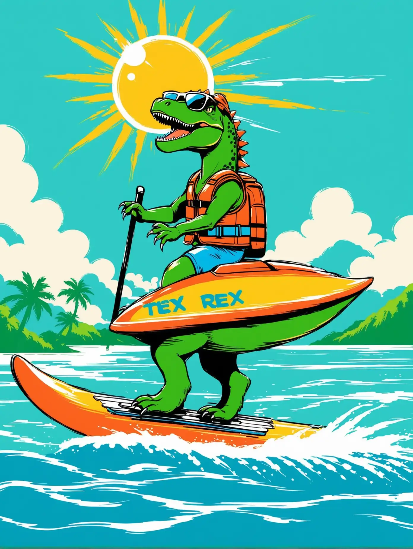 TRex Dinosaur Water Skiing in Sunglasses and Life Vest