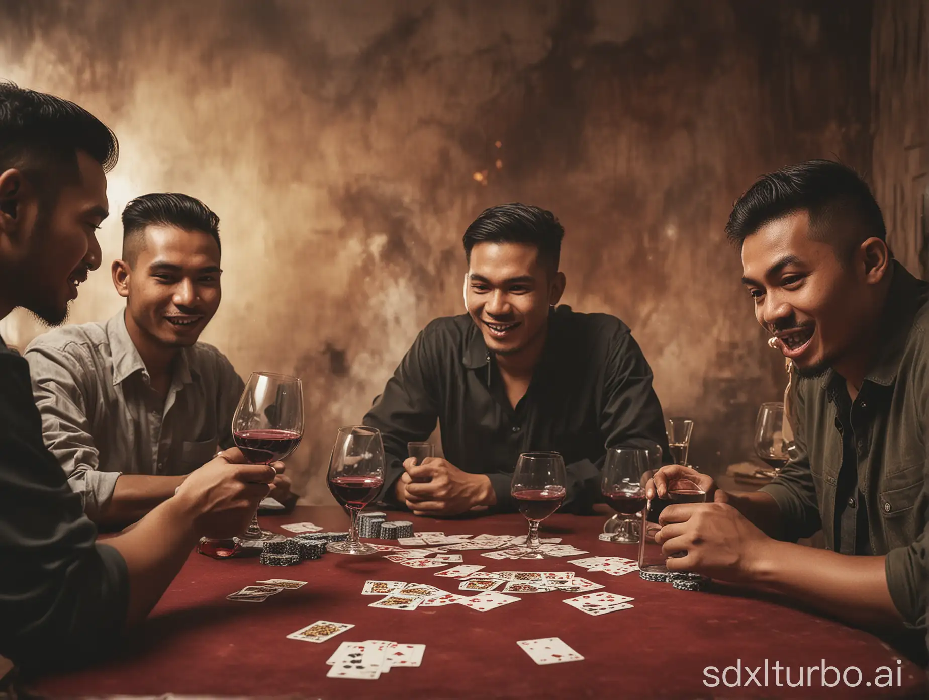 image of a group Malay man, playing poker card, and drinking wine, background is HELL