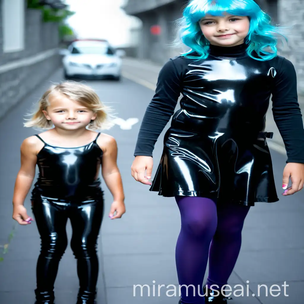 Adorable Latex Little Girls Playing in a Colorful Wonderland