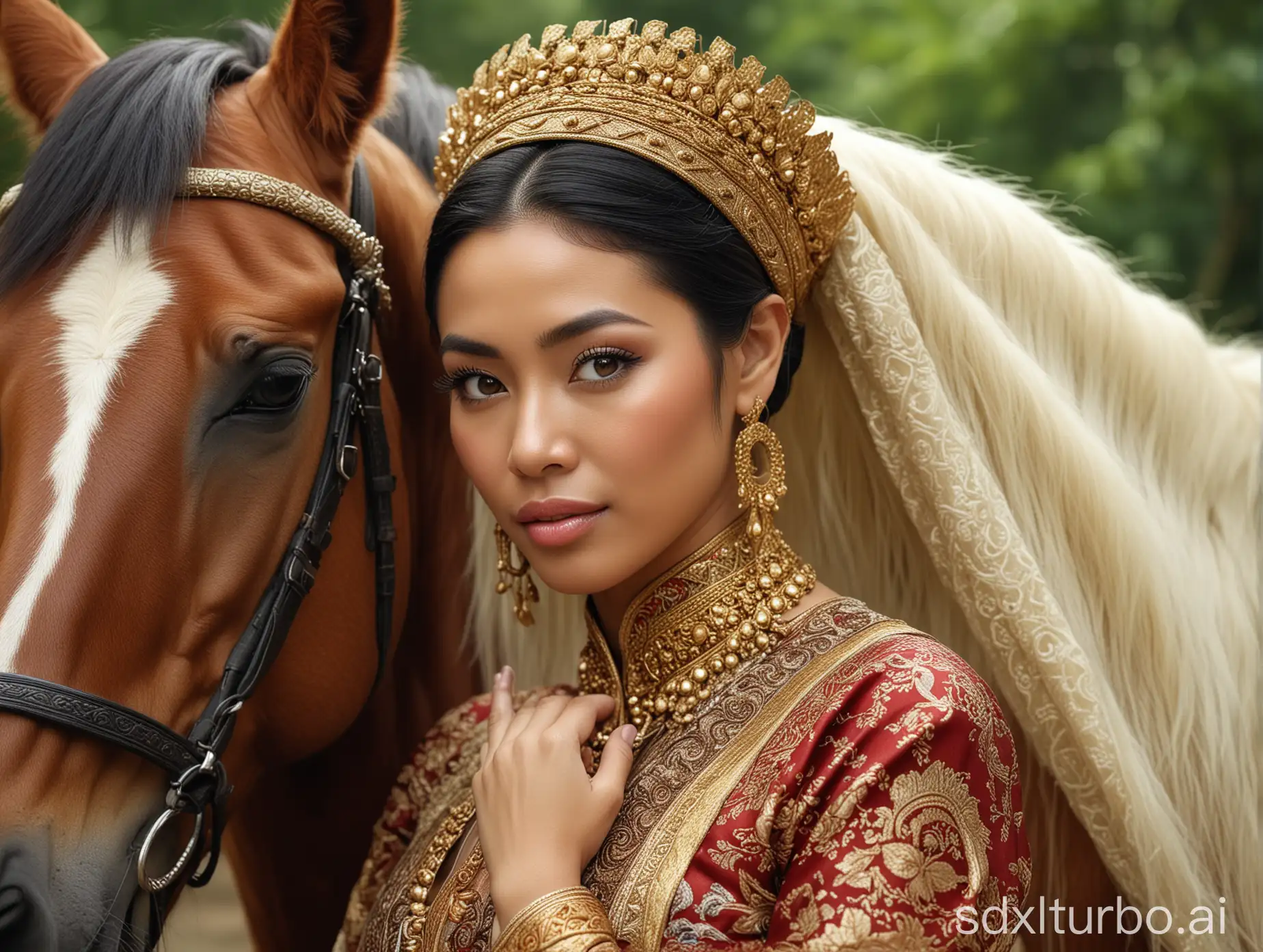 A hyperrealistic photo of a beautiful Javanese woman wearing traditional Javanese attire from ancient Java. Lovingly embracing a horse. The photo is very bright and looks very realistic. Shot with a Sony camera, close up.