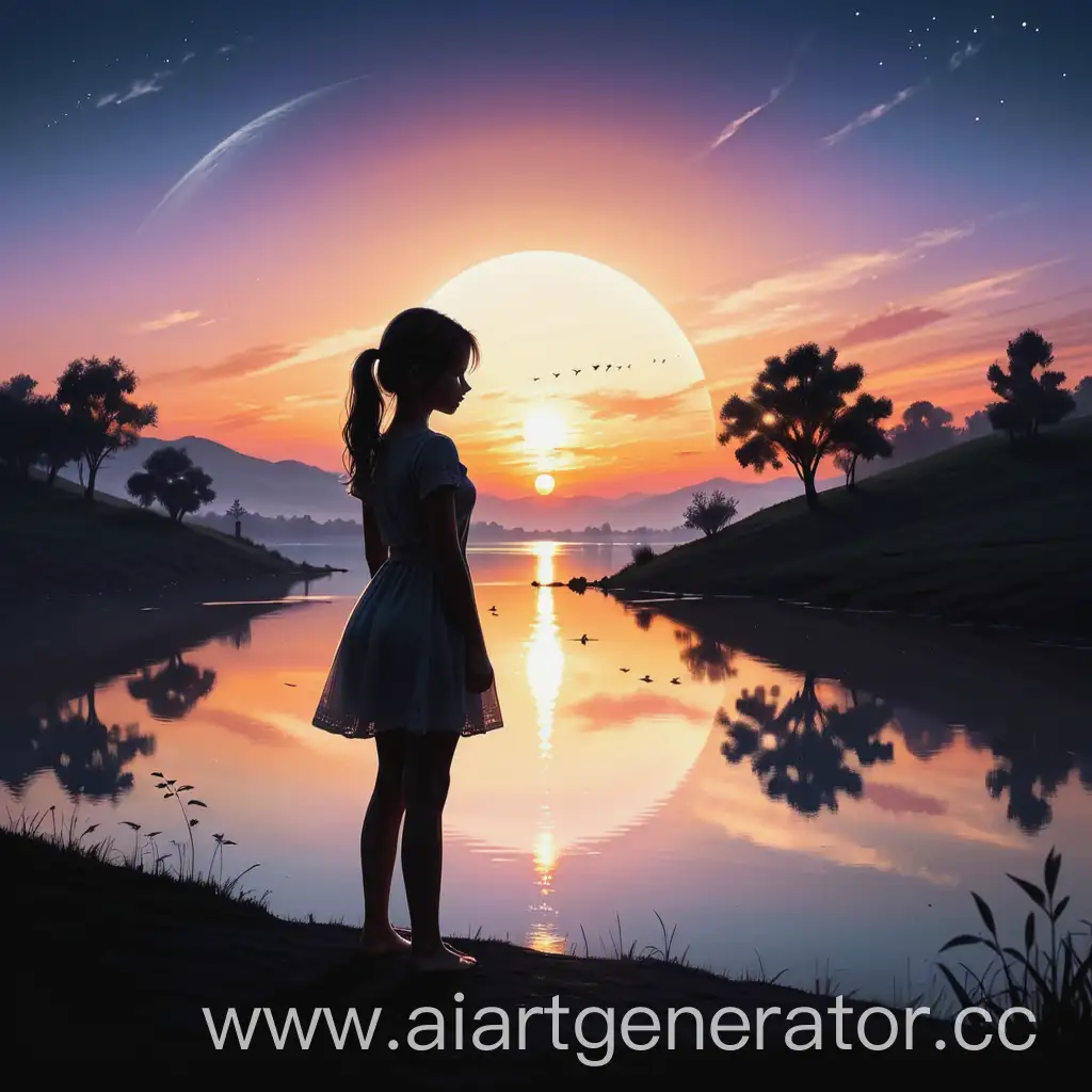 силуэт девушки на фоне заката на красивой планете рисунок карандашный