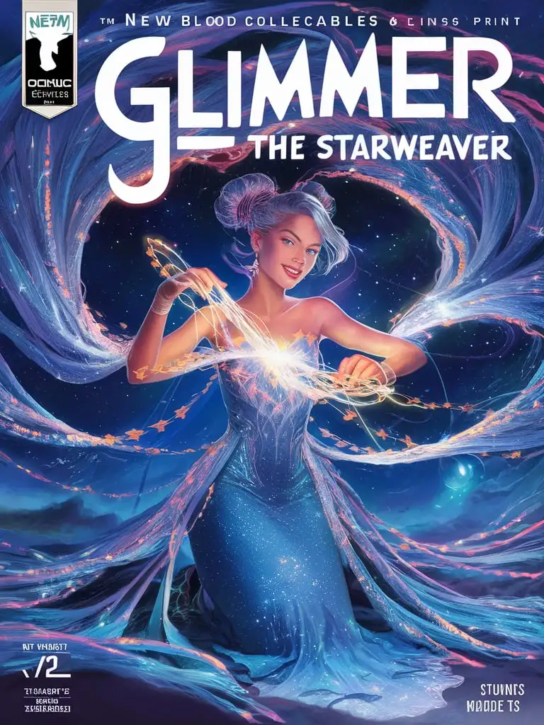 Design an 8k #1 comic book cover with bold font print for"New Blood Collectables" featuring "Glimmer, the Starweaver." Use FSC-certified uncoated matte paper, 80 lb (120 gsm), with a slightly textured surface.
Description: Glimmer is depicted weaving starlight into intricate patterns, her hands glowing with cosmic energy. The backdrop features a breathtaking view of the cosmos, with swirling galaxies and shimmering stars. The cover captures her celestial beauty and the power of her star-weaving abilities, with intricate details in her gown and the starlit strands.
Specifications: Add_Details_XL-fp16 algorithm, 3D octane rendering style (3DMM_V12) with the mdjrny-v4 style, infused with global illumination --q 180 --s 275 --ar 3:4 --chaos 500 --w 500.