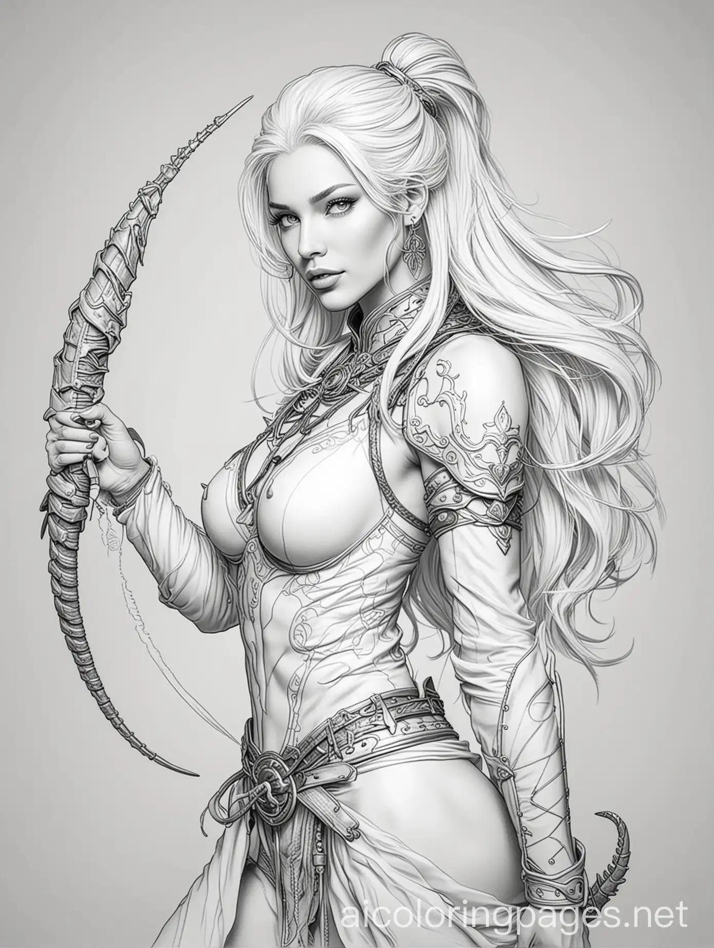 Beautiful-WhiteHaired-Warrior-Lady-with-Scorpion-Coloring-Page