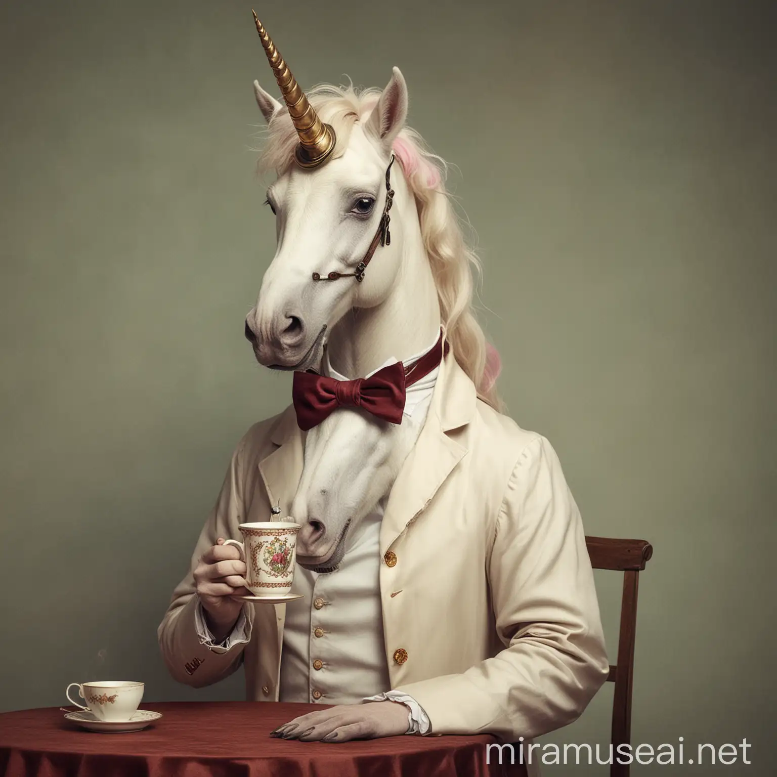 a dignified unicorn with a monocle and cup of tea