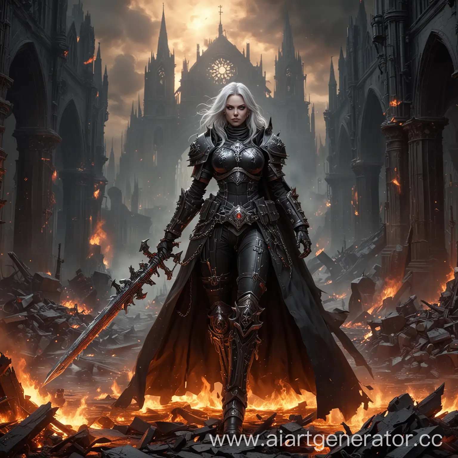 Battle-Sister-in-White-Cloak-and-Black-Armor-with-Chain-Sword-at-Burning-Cathedral