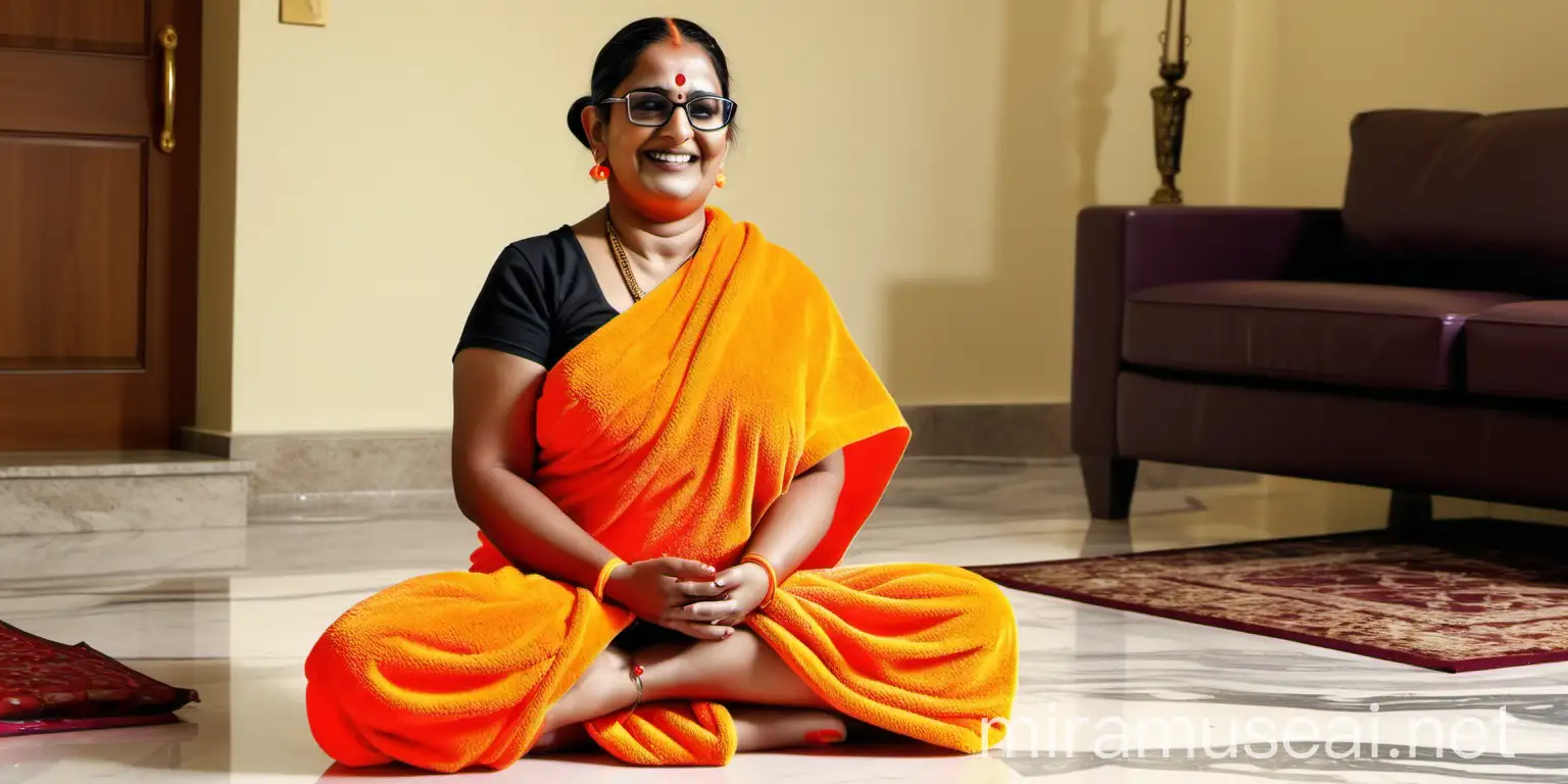 a mature fat indian woman having age 34 years old with make up and wearing a wet neon orange  bath towel and wearing high heels , thick hair with bun style, anklet on legs, gold necklace in neck, and a power spectacles on ears, she is doing  meditation on a luxurious sofa , in a marble  floor of a farm house, she is happy and smiling  , near a  big black cat is sitting there 
