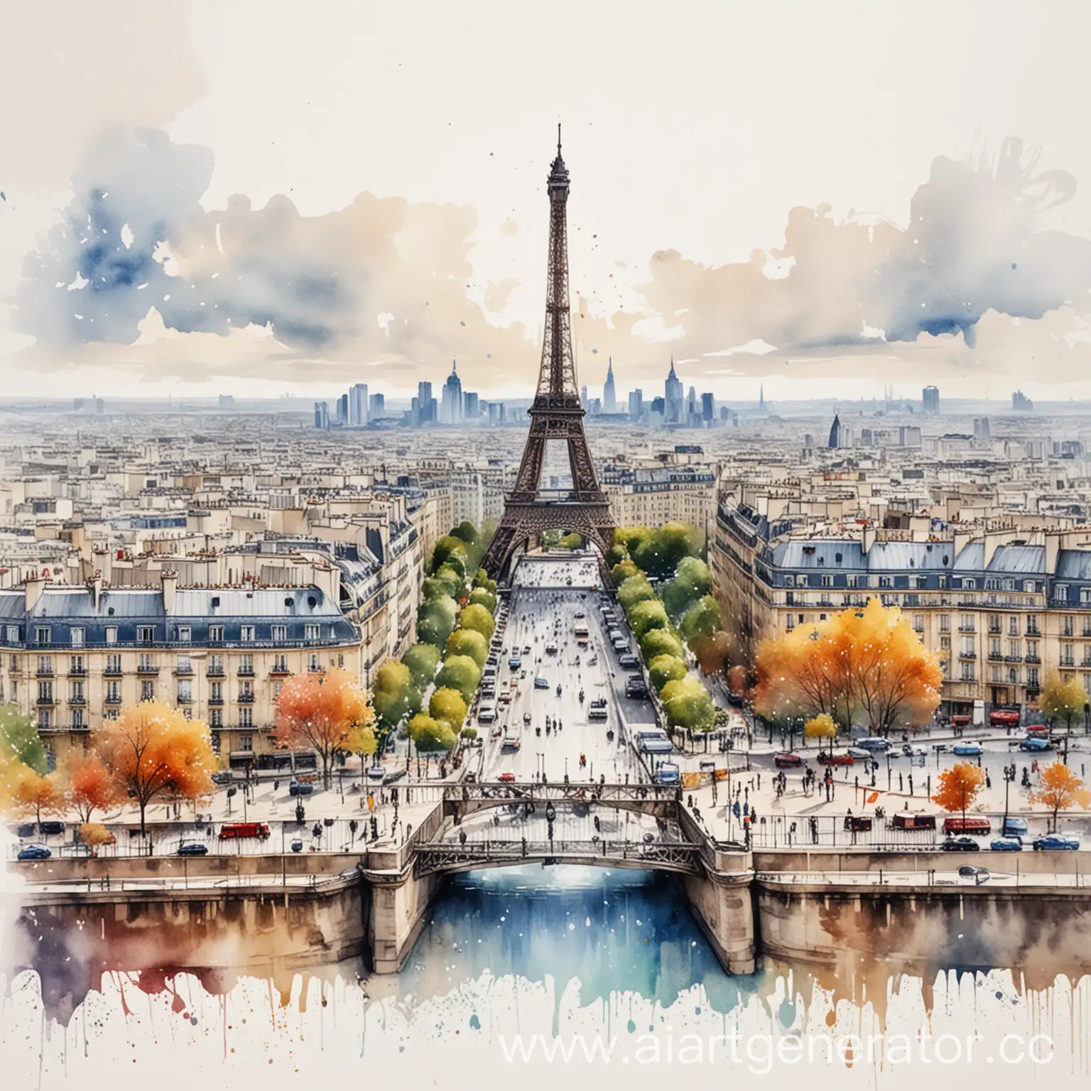 акварельный красочный рисунок панорамы парижа с эйфелевой башней с брызгами и неровными краями на белом фоне