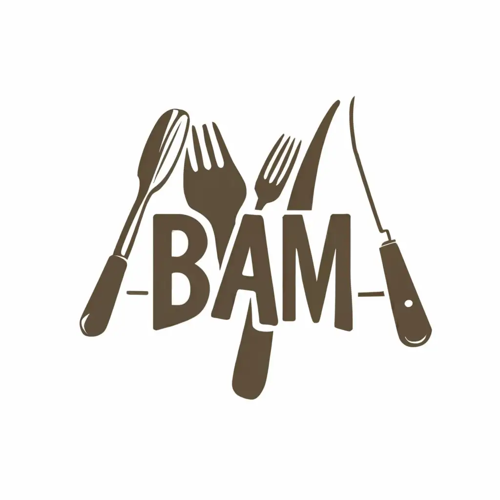 a logo design,with the text "BAM", main symbol:A logotype for a restaurant with a fork and spoon hanging from the word BAM,Moderate,be used in Restaurant industry,clear background