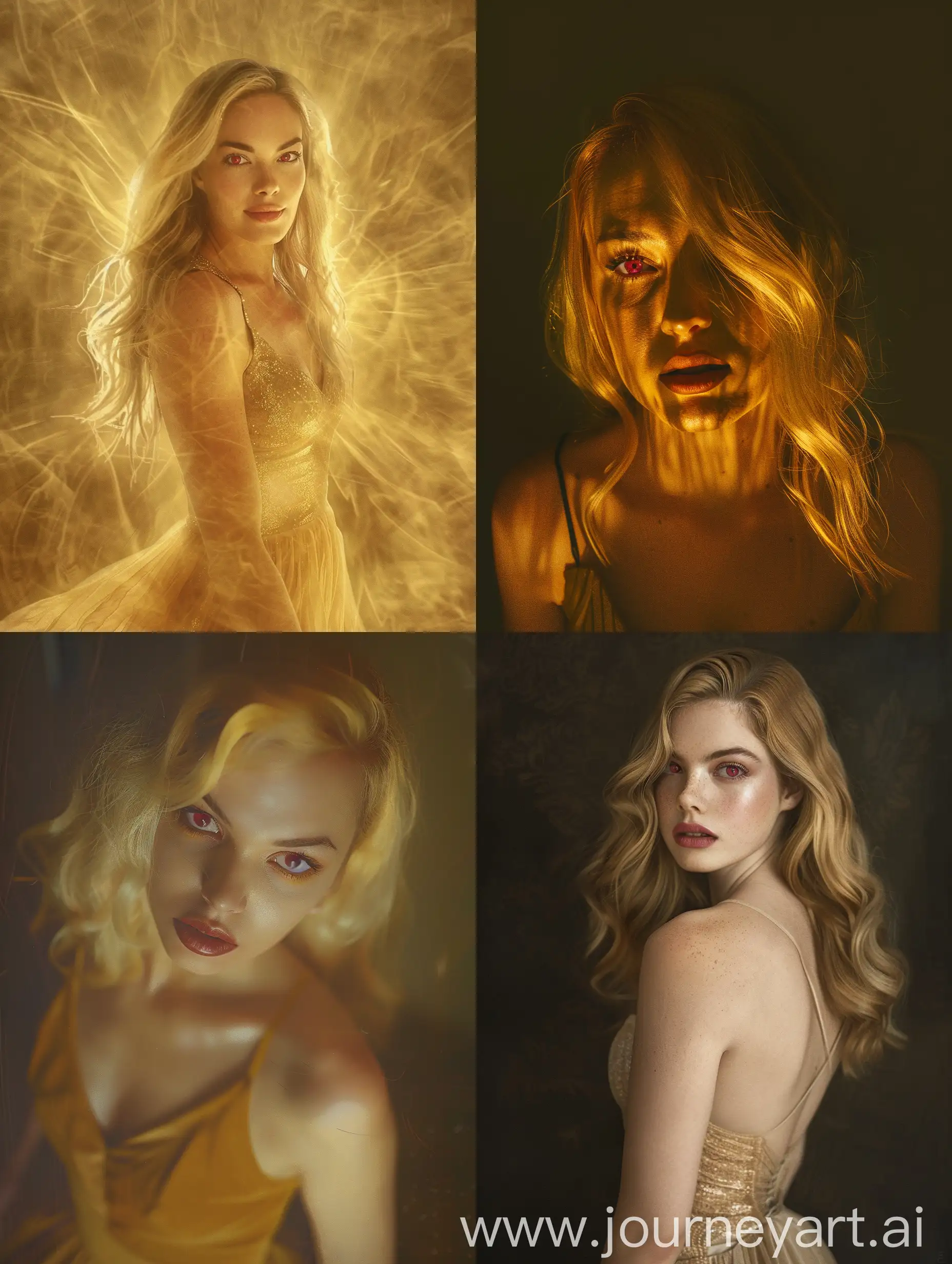 A mystical, dreamlike portrait in a cinematic style, evoking a sense of otherworldly presence. waist up view of an extraordinary beautiful woman. Golden skin, blonde hair, ruby eyes.