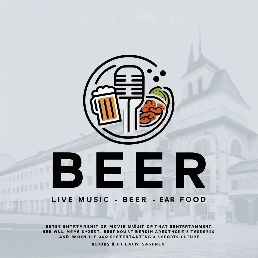 a logo design,with the text "Beer", main symbol:We have live music, beer, food, we’ll eventually add movie nights and show sports games. We would like to have something that nods to Germany but modern Munich vibes versus traditional,Minimalistic,clear background