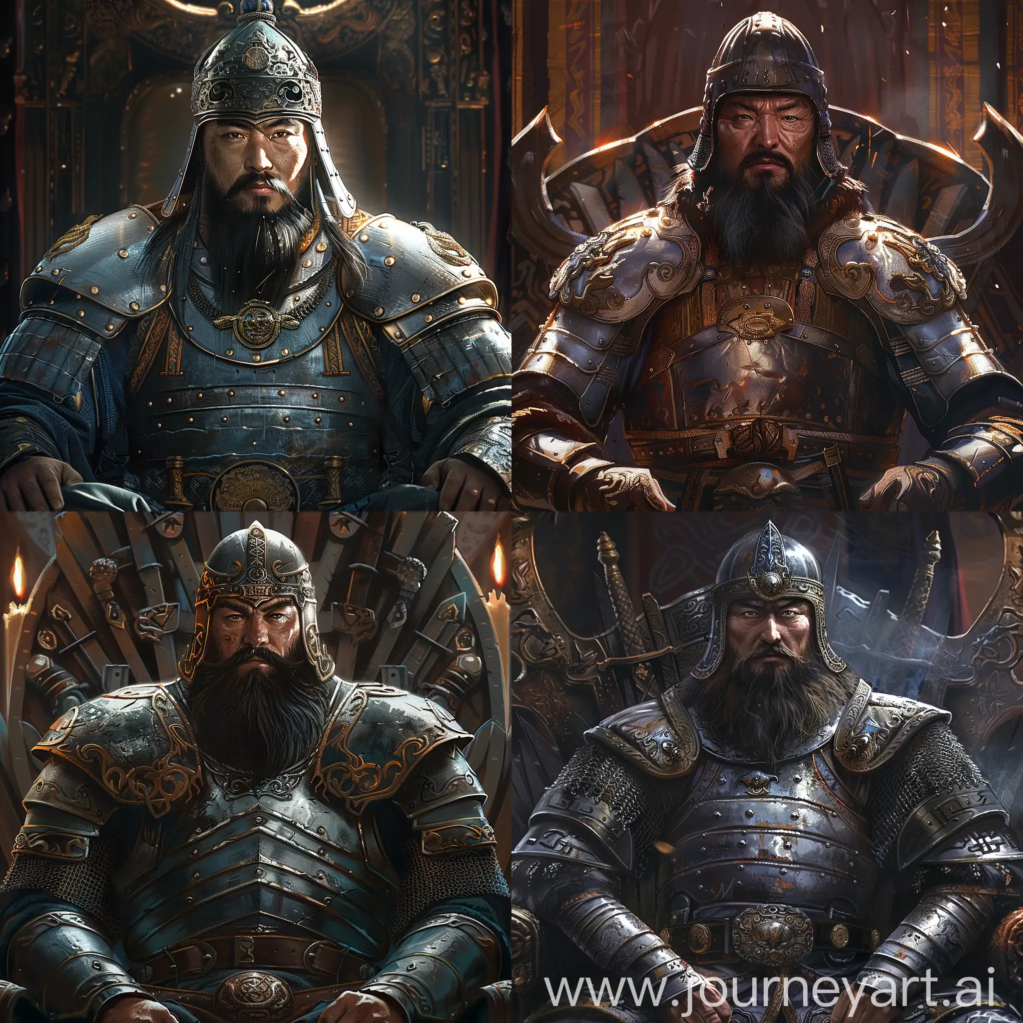 Mongolian khan depicted in plate armor and
plate shoulders, wearing mongolian steel
helmet, thick slanted eyes, medium long beard,
sitting on throne, dramatic lighting
