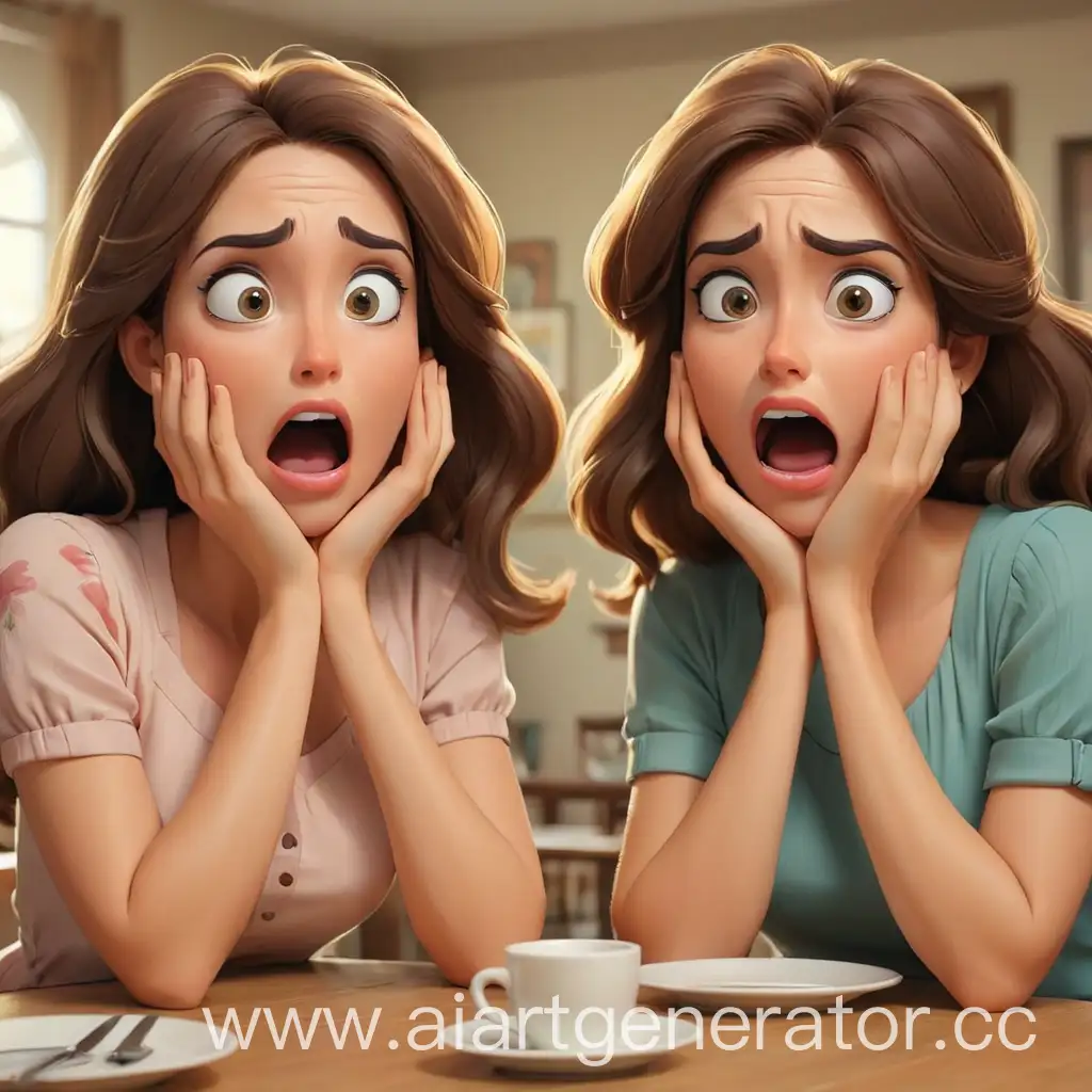 Surprised-Cartoon-Women-Holding-Hands-and-Looking-at-Table