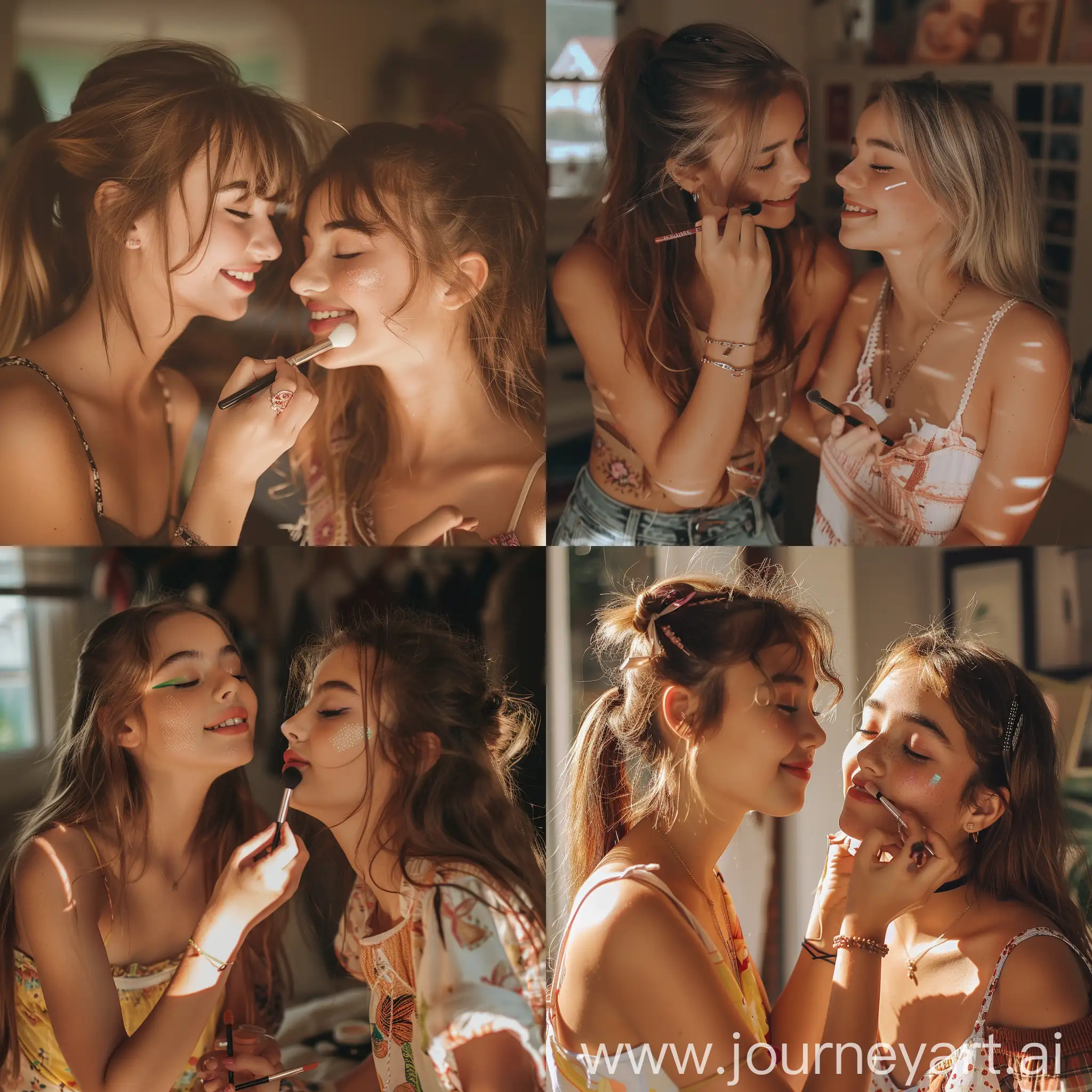Two 18 year old girls doing each other's makeup, happy, cute trendy clothes, warm summer tones, Instagram filter close photo shot
