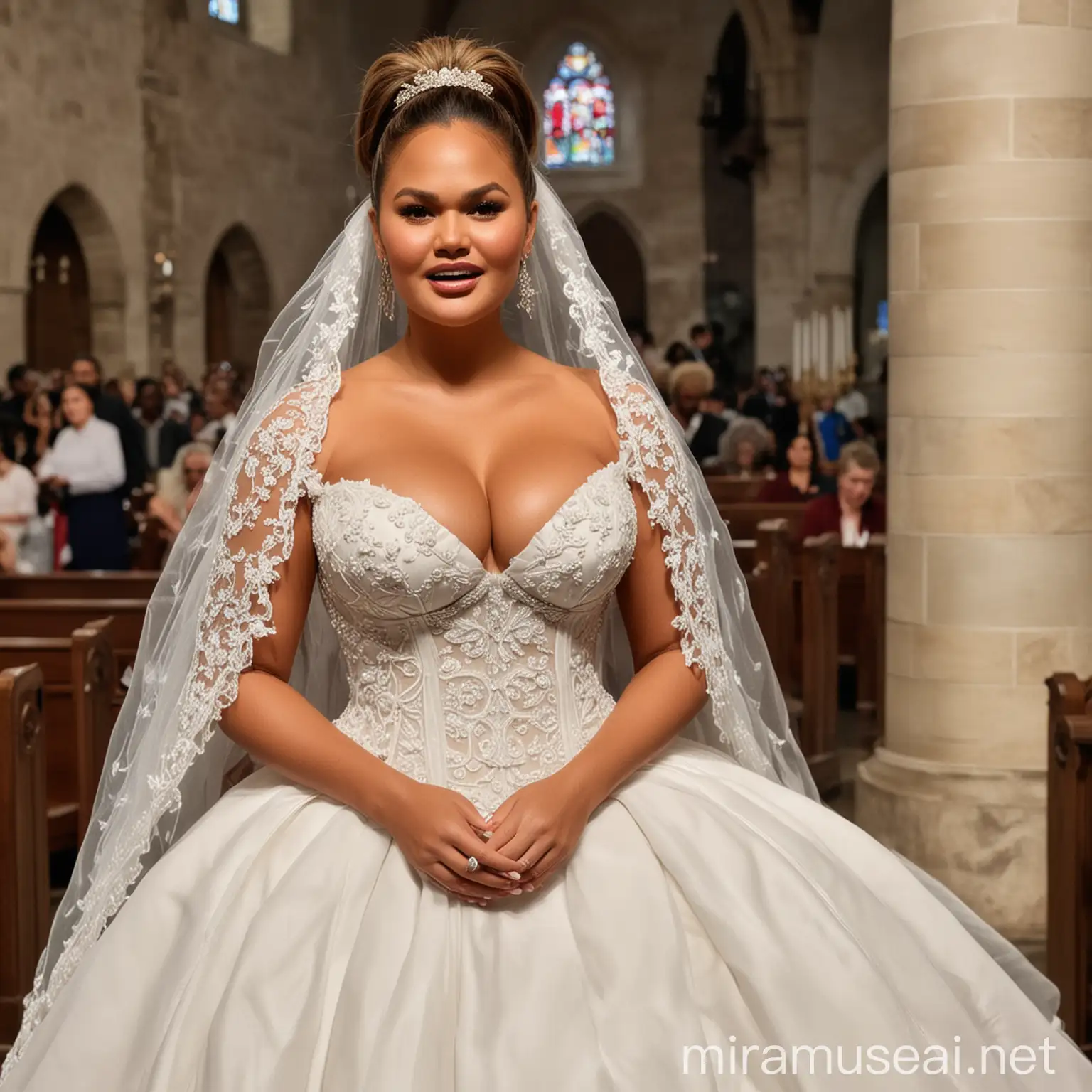 Chrissy Teigen Wedding Dress Church Ceremony Portrait with Breathtaking Cleavage