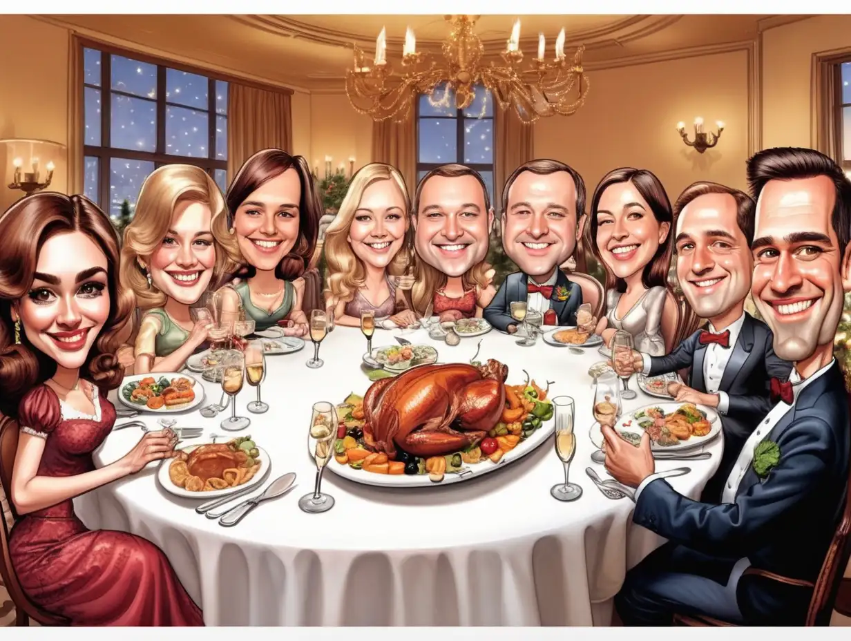 Компания людей за праздничным столом (карикатура)