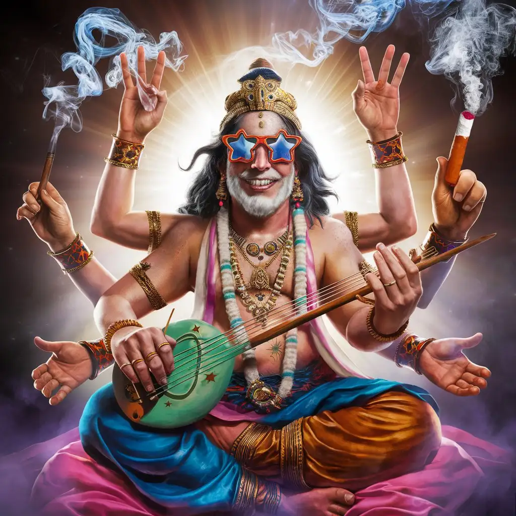 A funky Indian god with 8 arms, laughing, big teeth, with 2 hands playing an alien oriental string instrument, one hand giving the victory sign, another hand holding a fat cigarette, dressed like Boots Collins, wearing star shaped eyeglasses, vivid strong colors, strong light