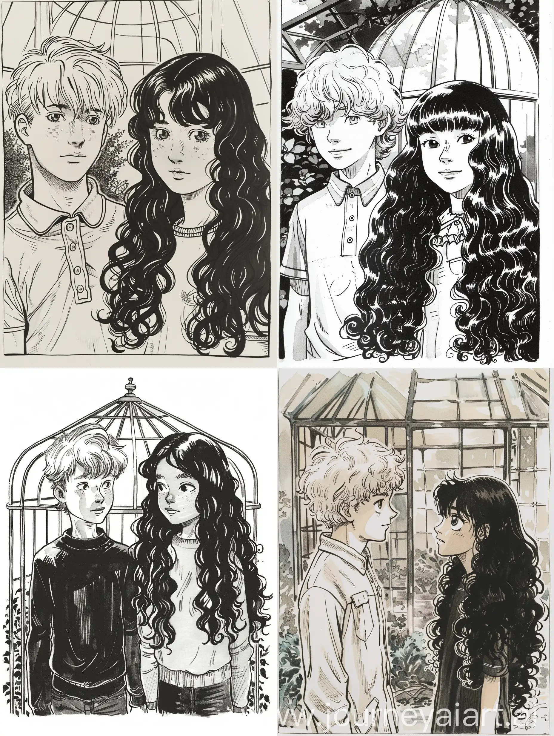 illustration of two young friends. (a boy with light hair) (a girl with long curly black hair, bang). By Hergé, ink and pen, masterpiece. Whole body. glass house. Studio Ghibli.