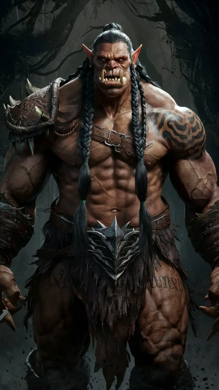 Orc with long black hair in braids, brown leathery skin, pointed ears, 2.5 meters tall, male, really muscular, fangs on the lower jaw