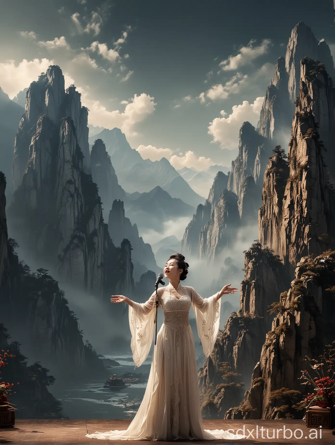 Leoarmo, a refined Chinese woman, sings her heart out on stage, with two towering mountains in the background, creating a stark contrast and giving the impression of bearing a great burden!